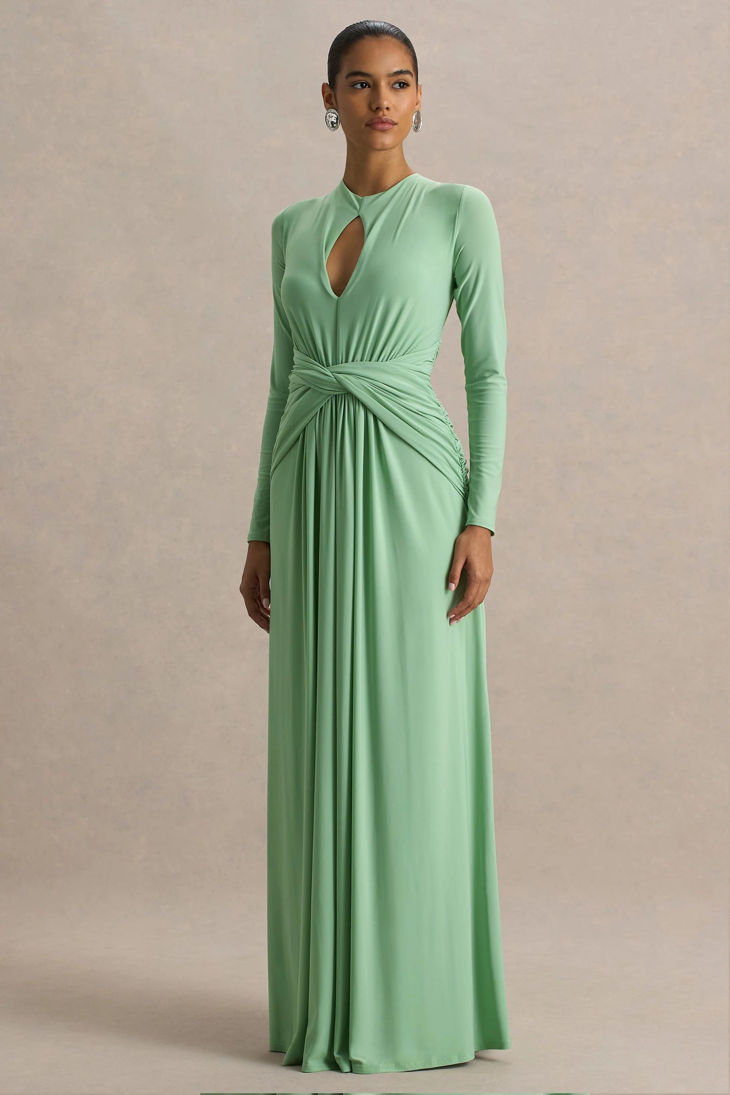 With Me Green High-Neck Maxi Dress With Ruched Detailing