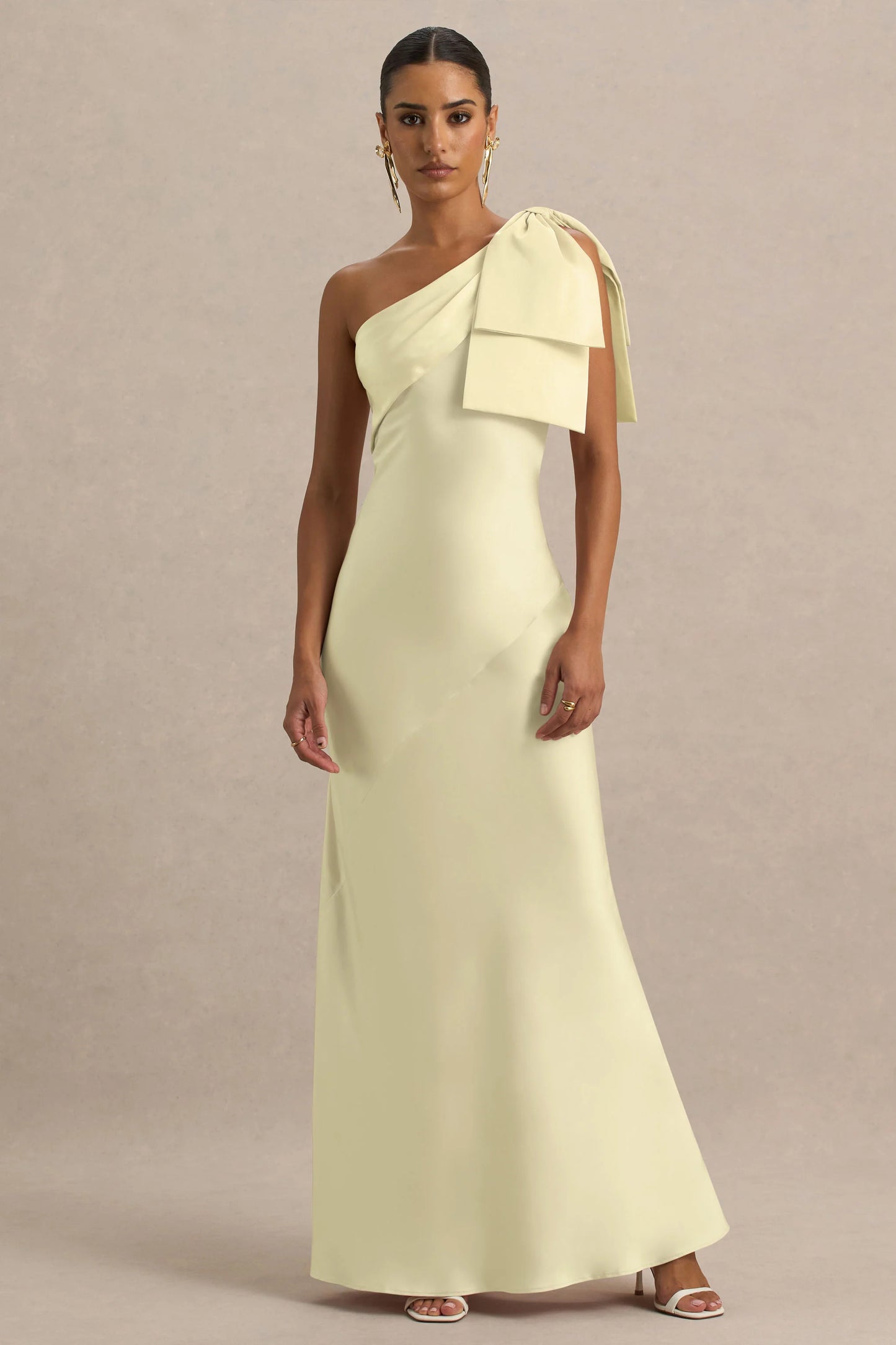 Valerie Lemon Satin Asymmetric-Neck Maxi Dress With Bow Detail