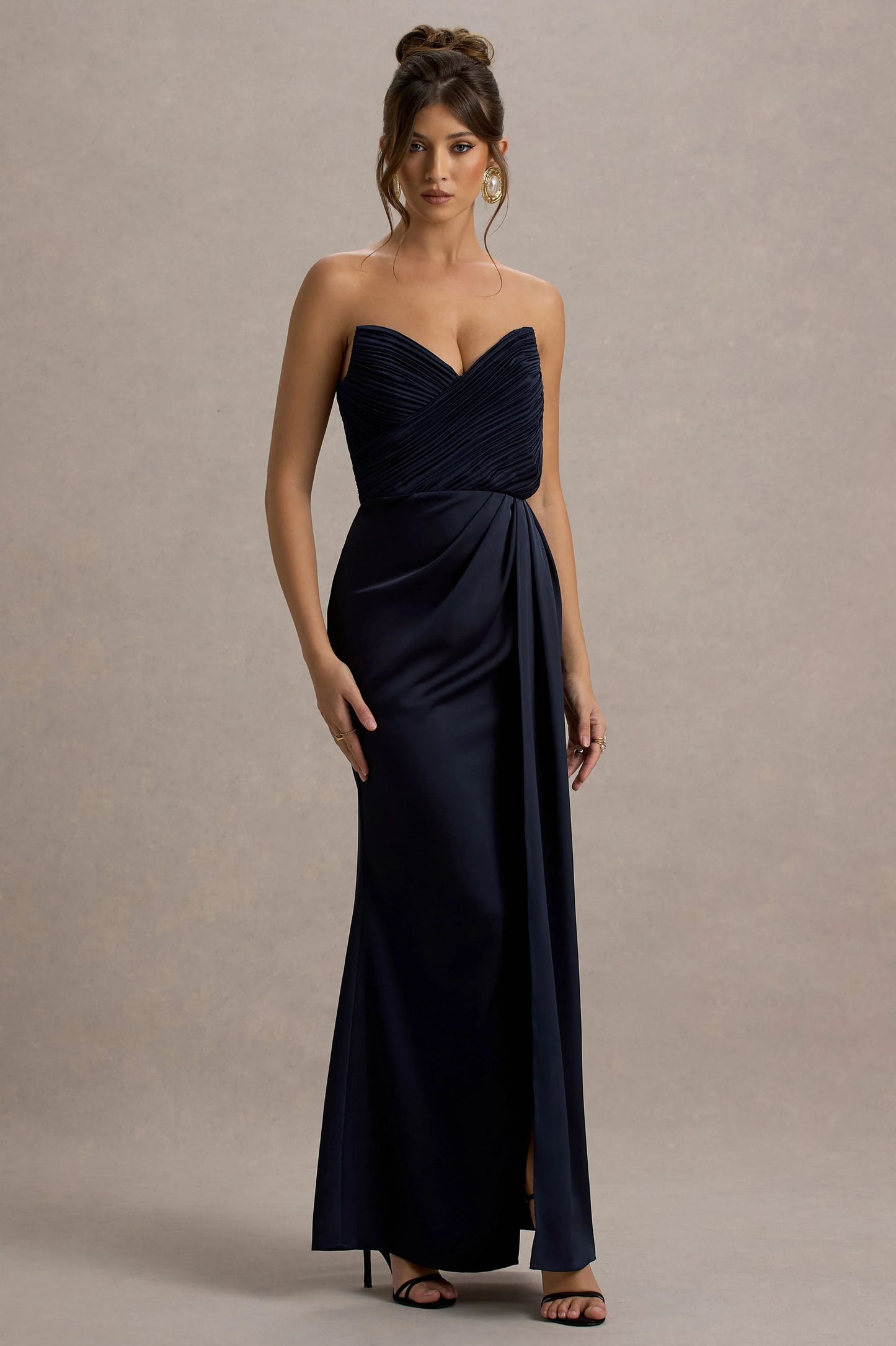 Edel Navy Satin Strapless Maxi Dress With Drape