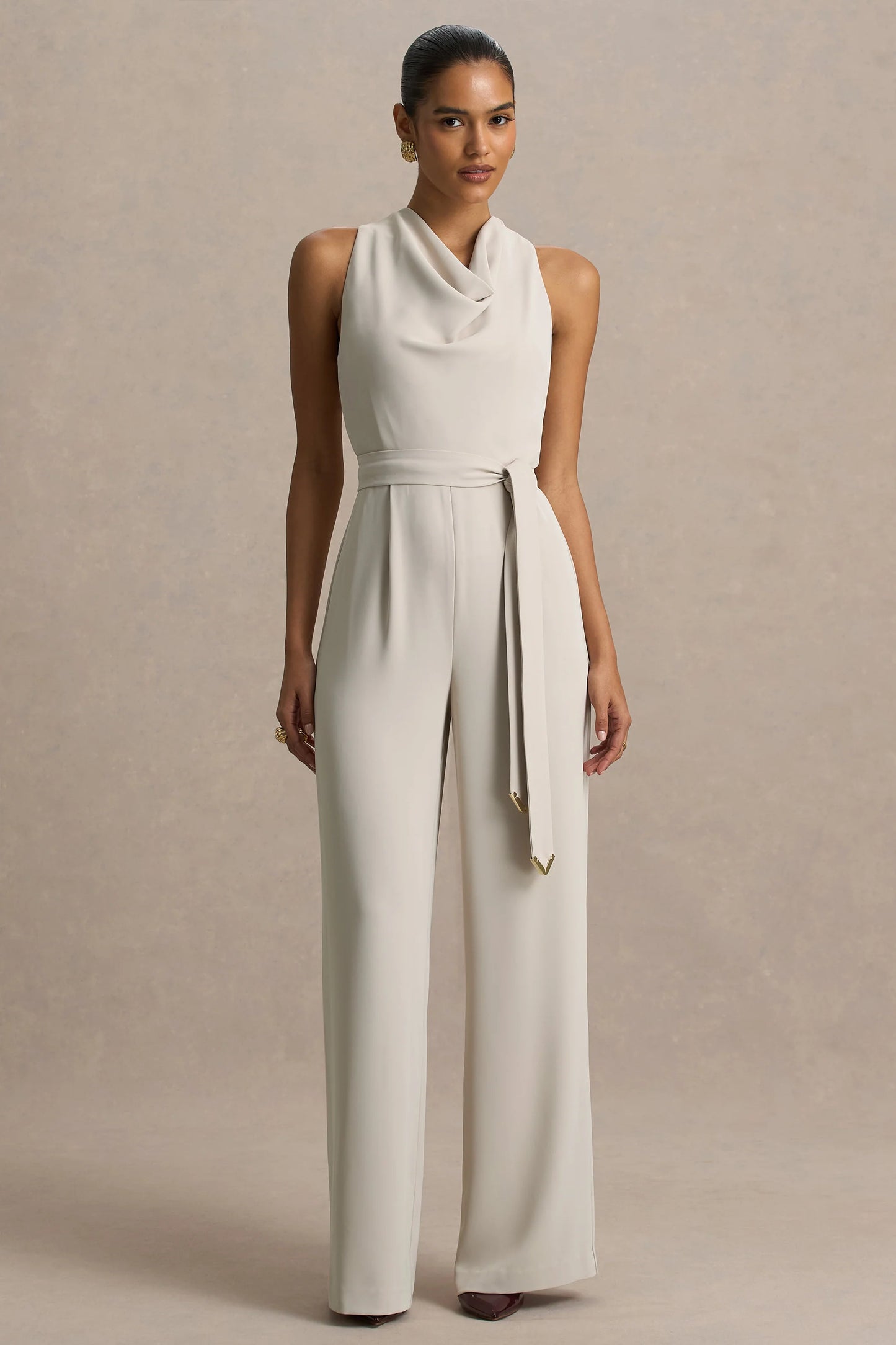 Corina Nude Cowl-Neck Jumpsuit With Tie-Detail