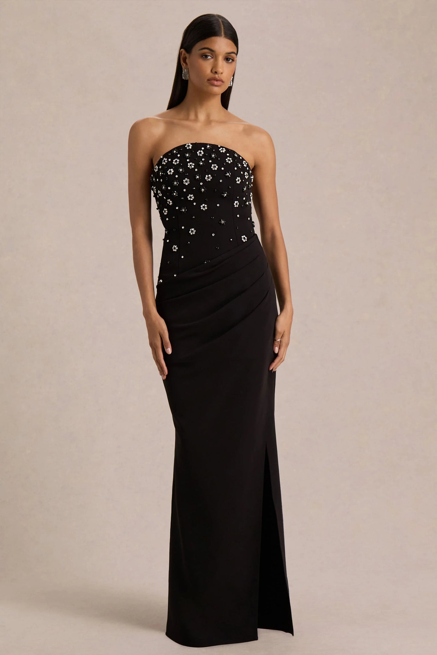 Saphira Black Hand-Embellished Bandeau-Neck Maxi Dress