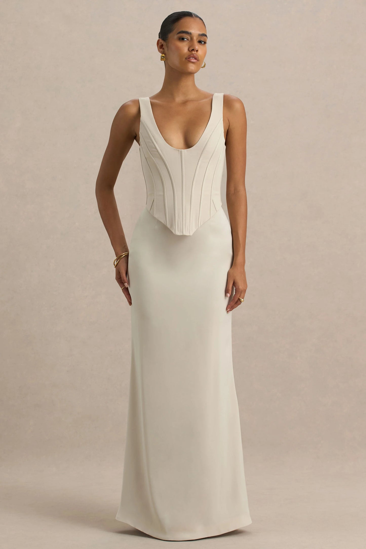 Morgan Champagne Satin Corset Maxi Dress