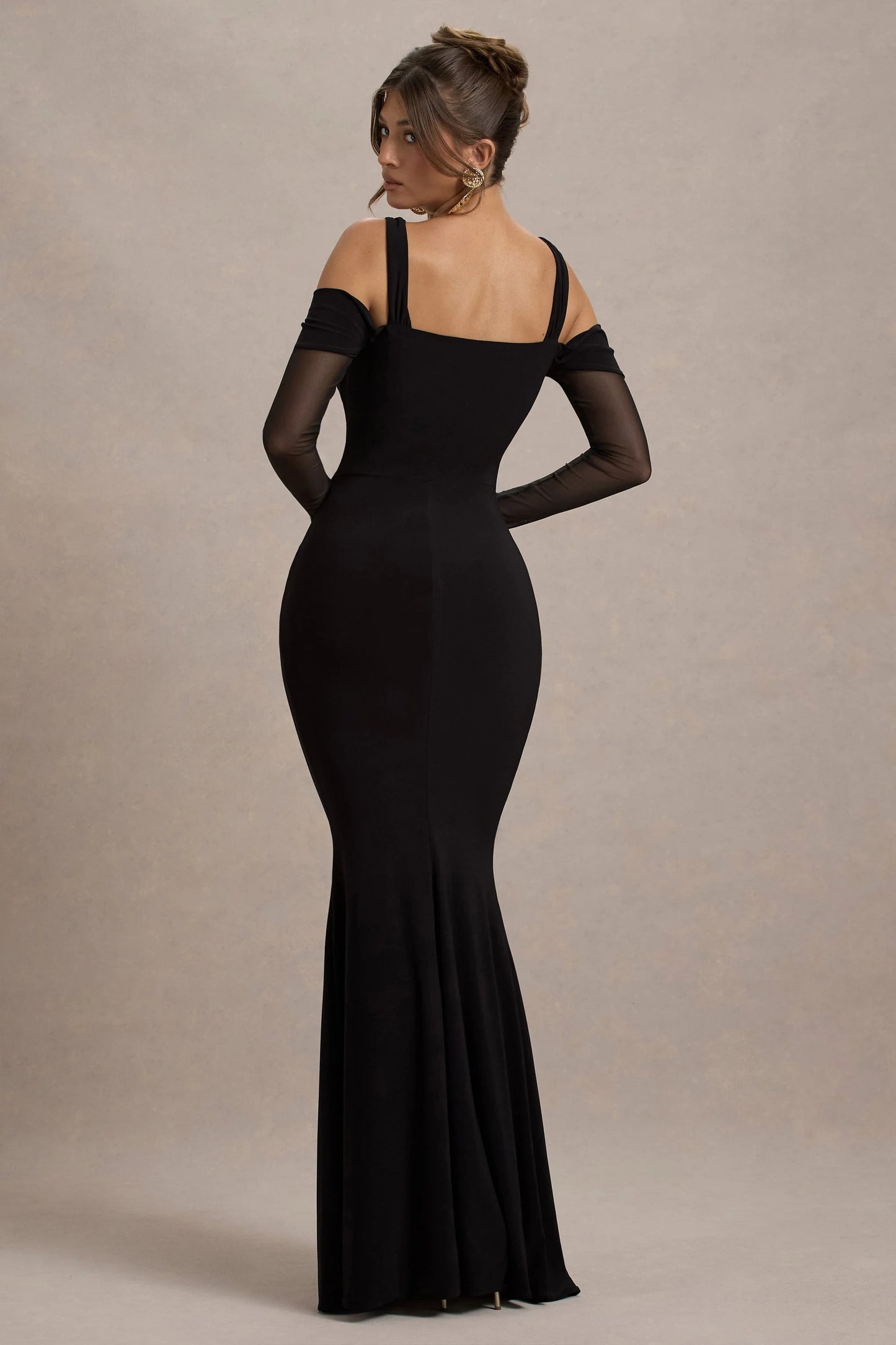 Milana Black Square-Neck Draped Wrap Maxi Dress With Long Sleeves