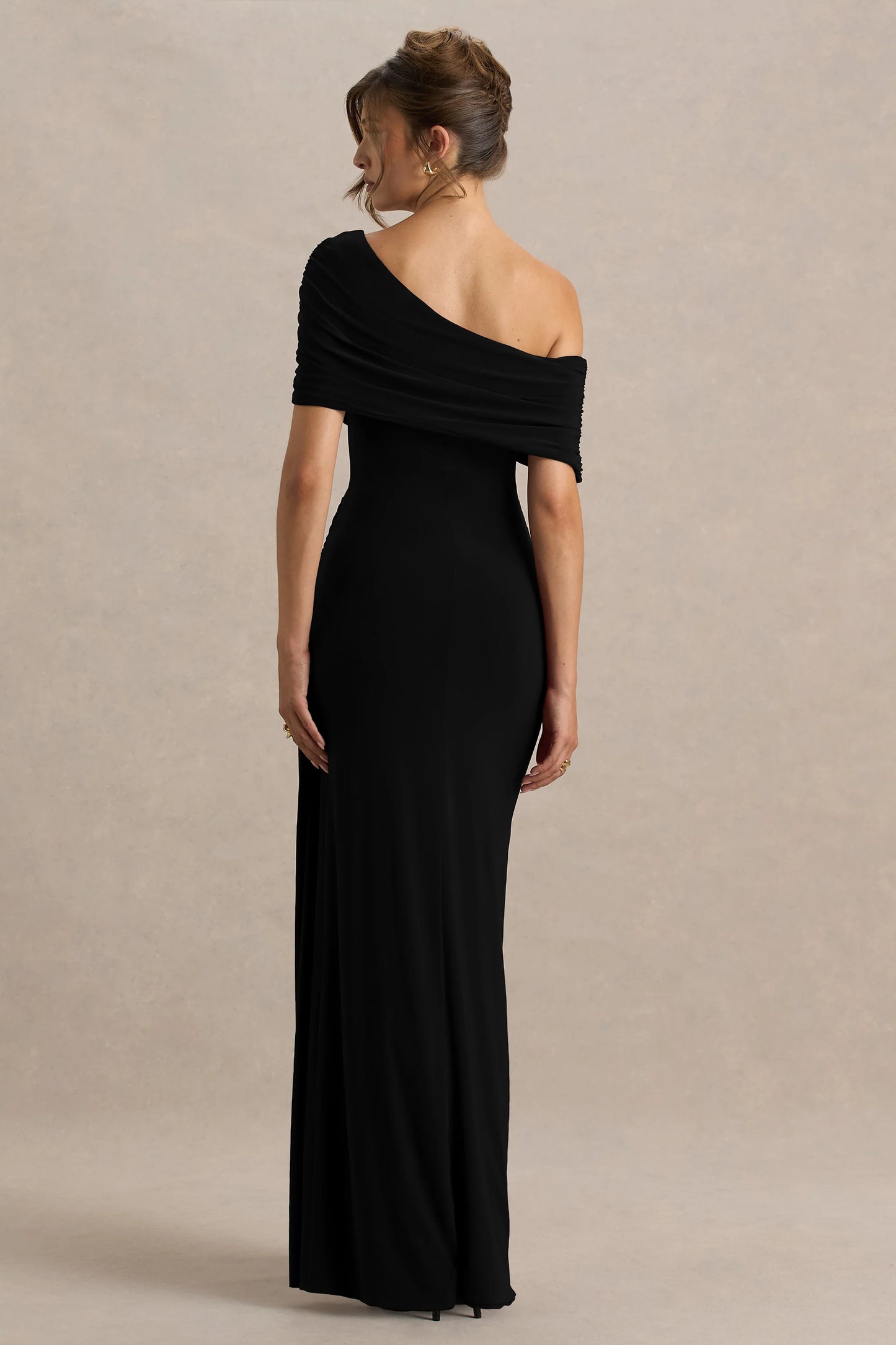 Dynasty Black Asymmetric-Neck Maxi Dress With Ruched Detailing And Front High-Split