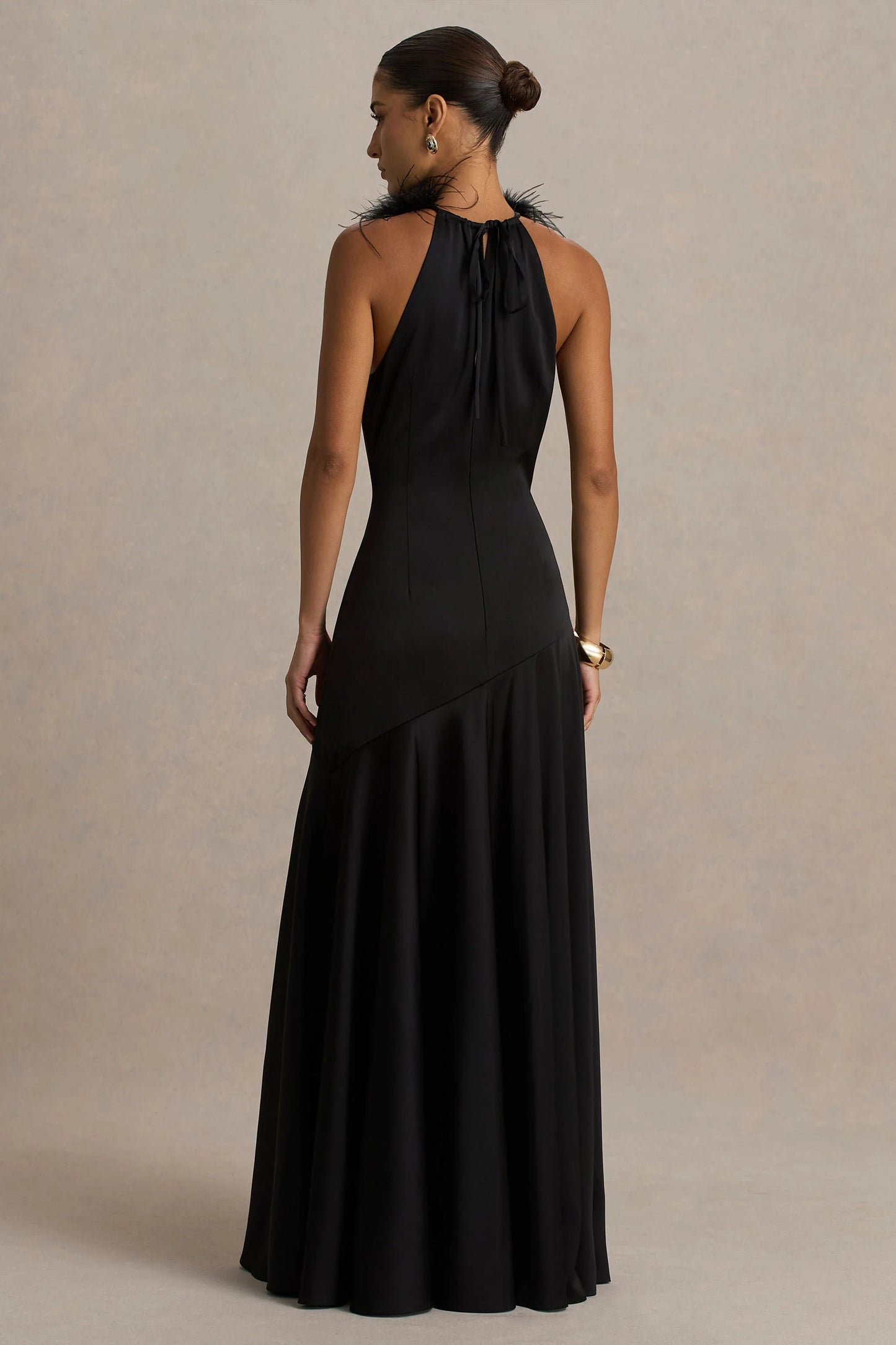 Jemima Black Satin Halter-Neck Maxi Dress With Feather Trim