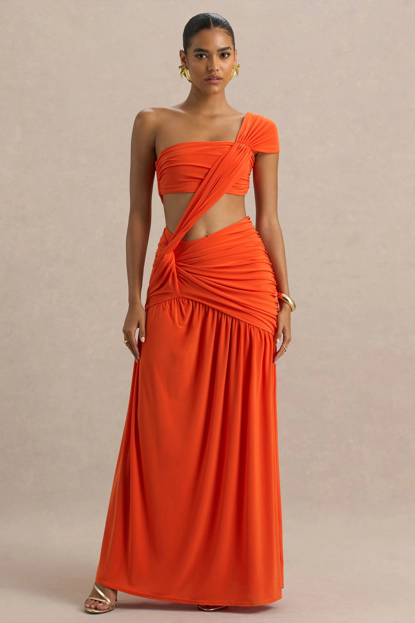 Cadiz Orange Asymmetric Maxi Dress With Cut-Out Detail and Open-Back