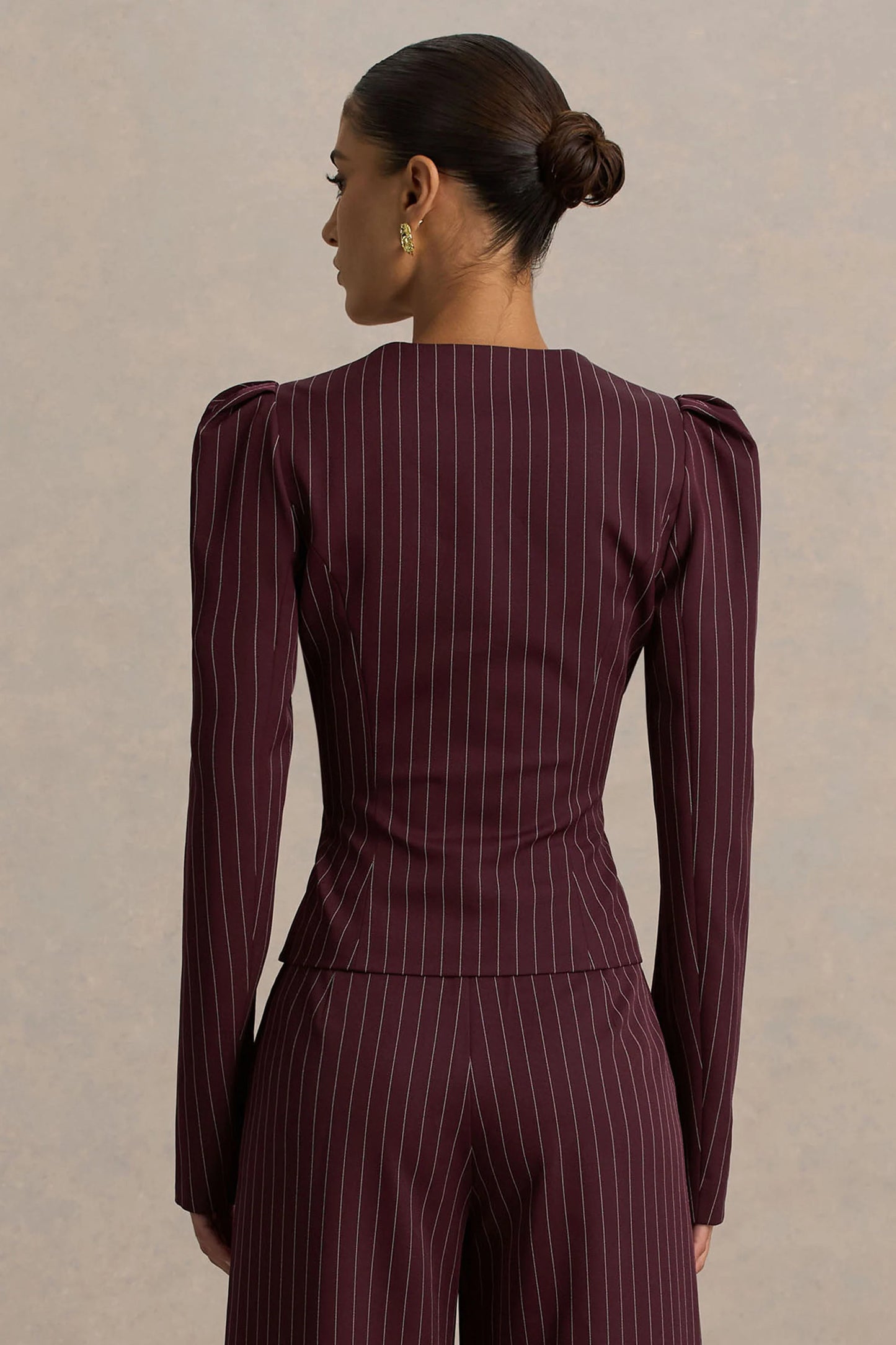 Lana Burgundy Pinstripe Woven Sweetheart-Neck Tailored Top