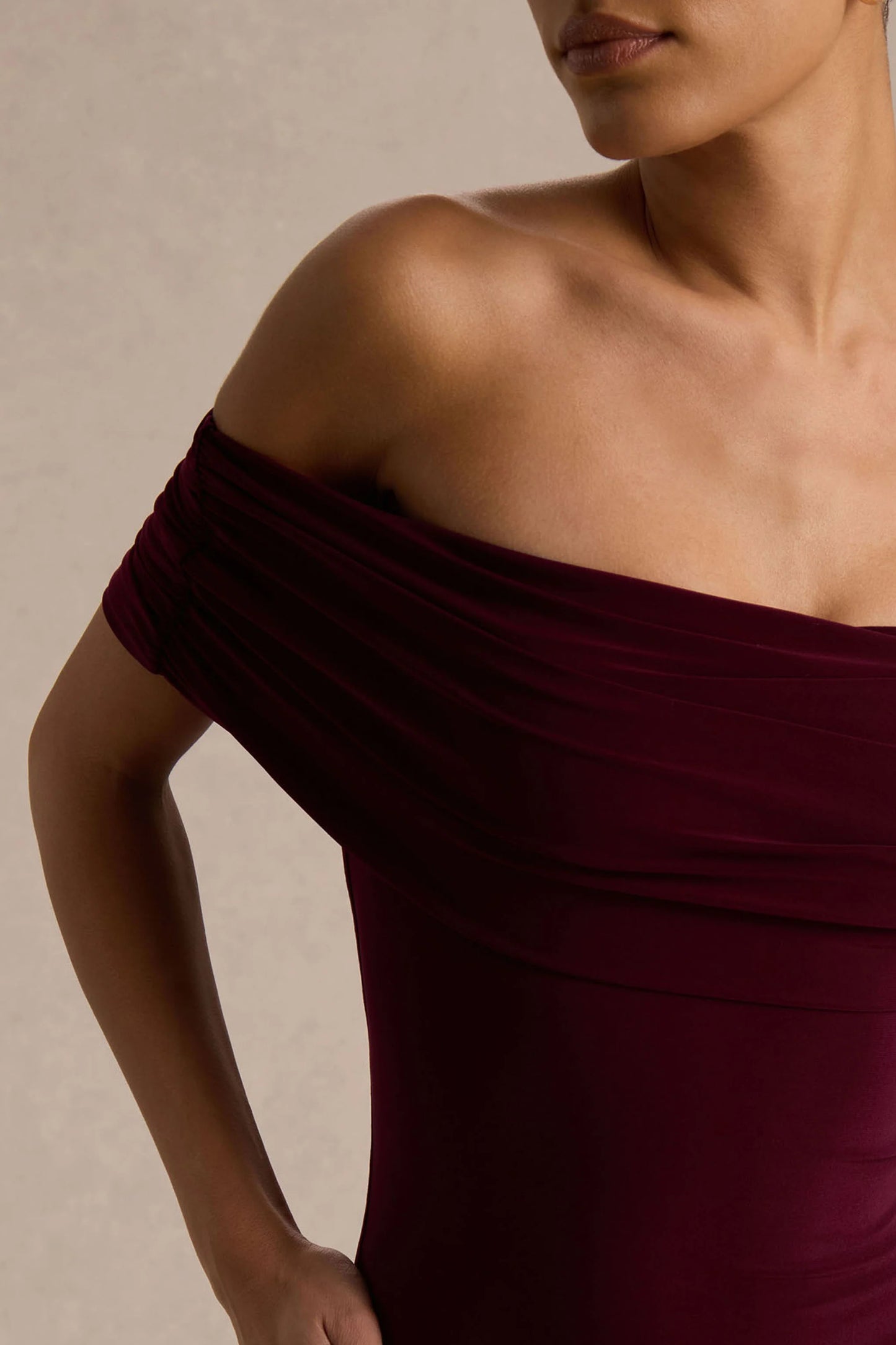 Venezia Burgundy Bardot Maxi Dress With Drop-Waist