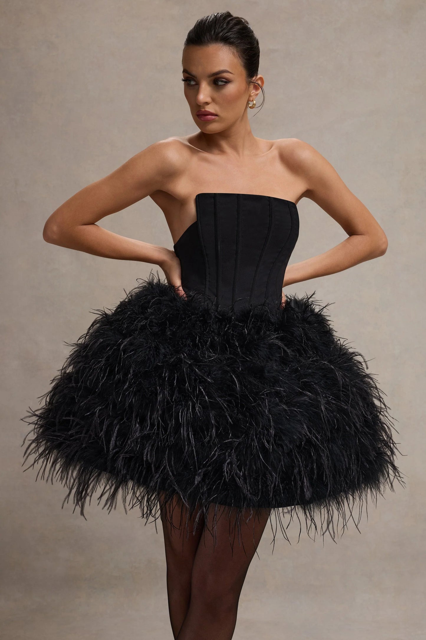 Peaches Black Strapless Mini Dress With Volume Feather Hem