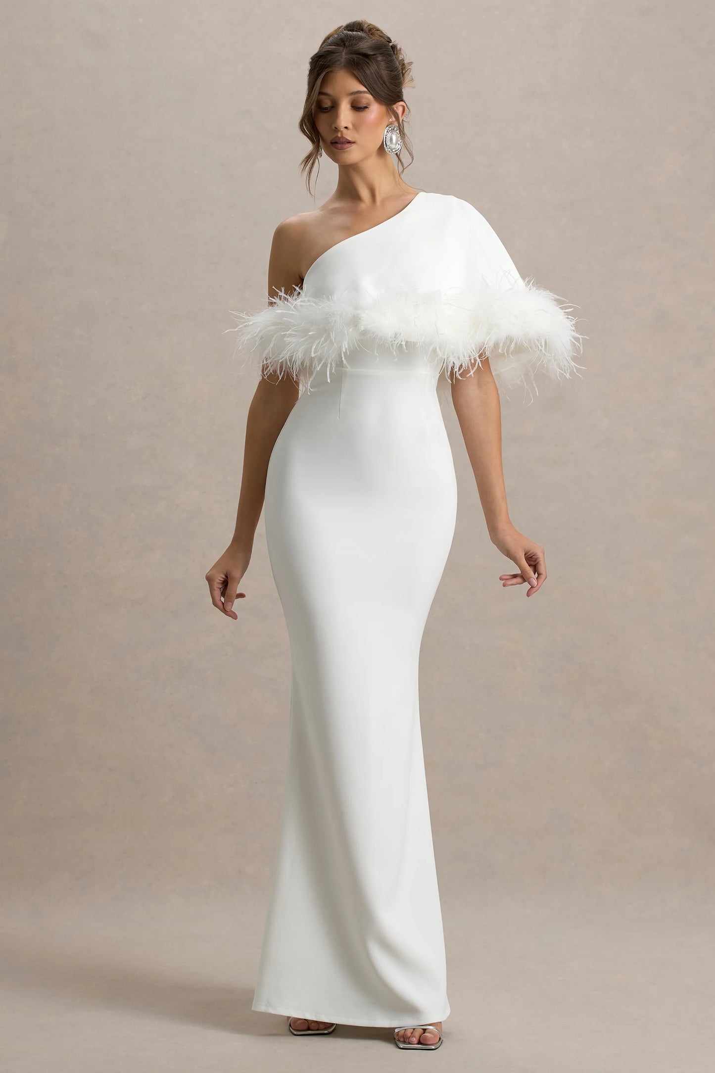 Valor White Asymmetric Maxi Dress With Feather Trim
