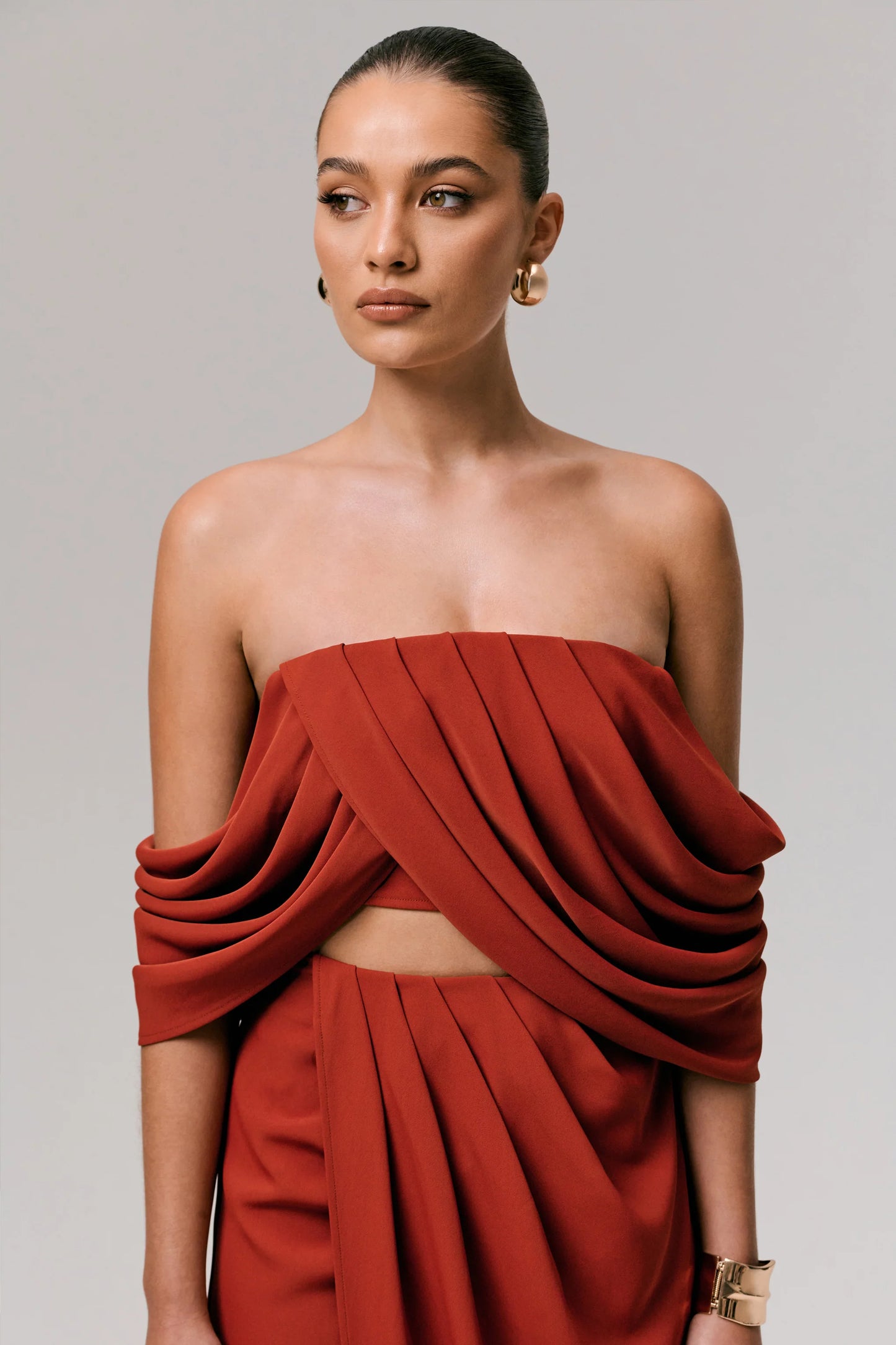 Talika Terracotta Bardot Crop-Top With Draped Sleeves