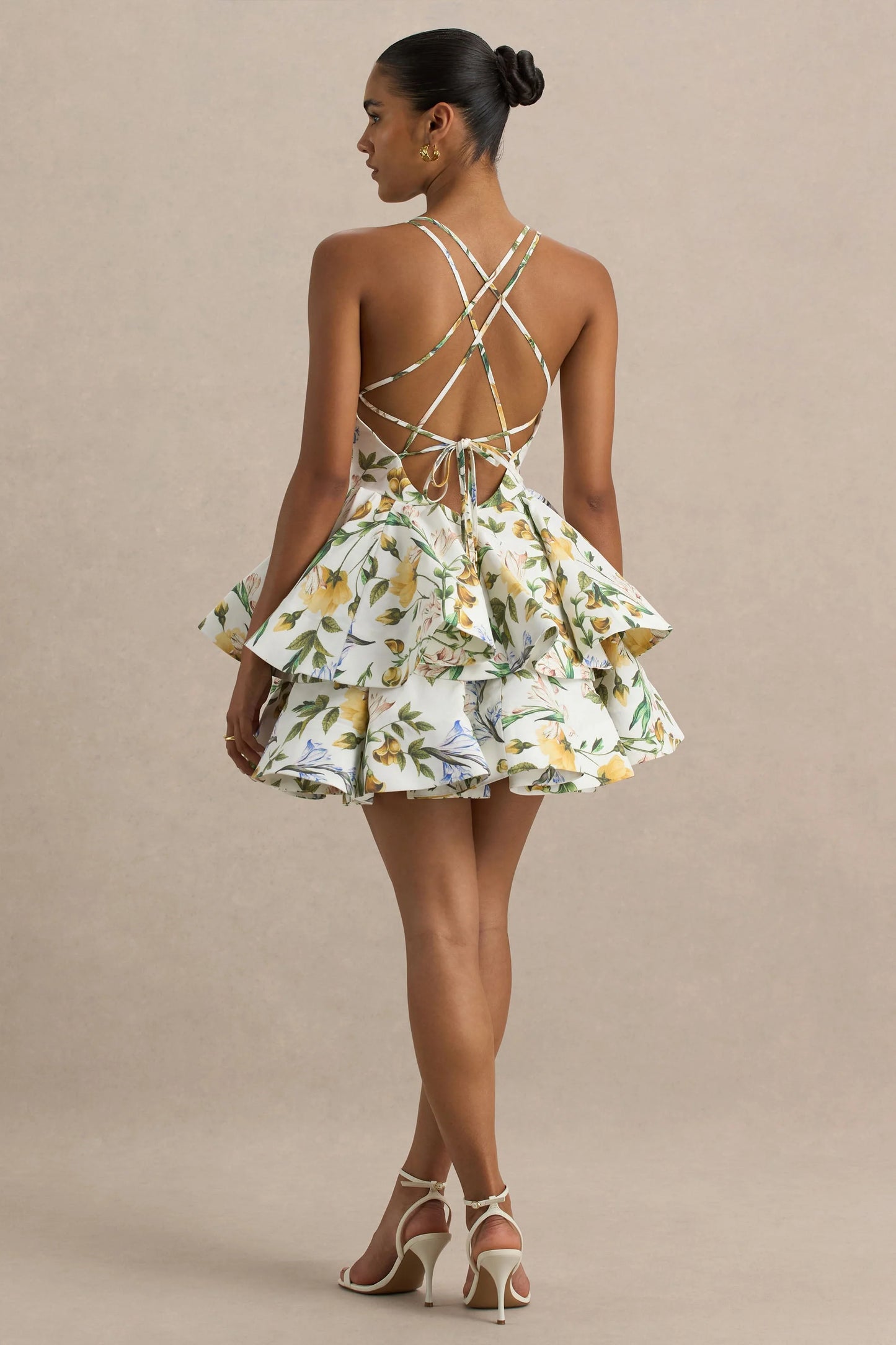 Flavia Lemon Floral Print Plunge-Neck Ruffled Skater Micro-Mini Dress