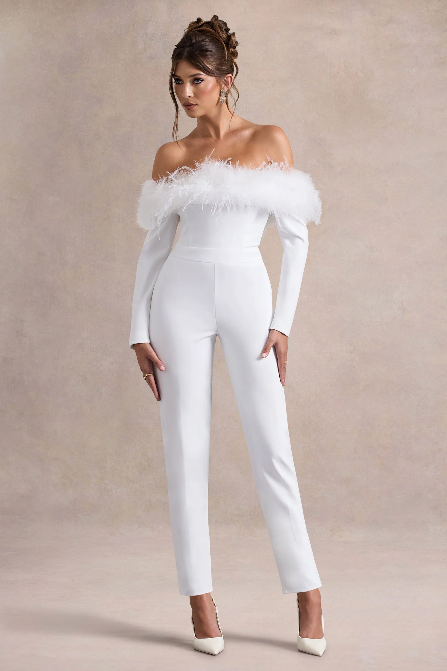 Ales White Bardot Tailored Straight-Leg Jumpsuit With Feather Trim