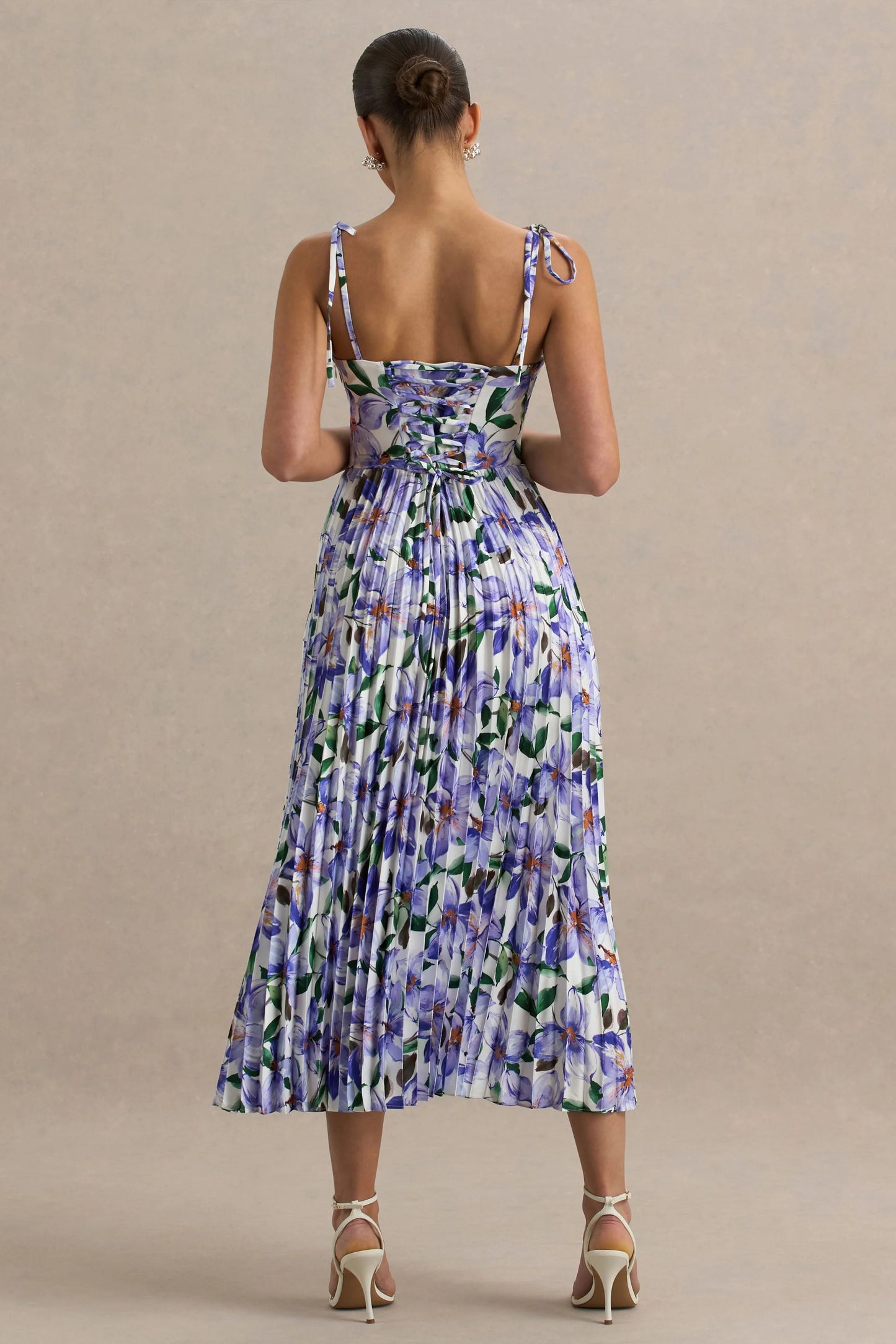 Peyton Purple Lily Print Satin Sweetheart-Neck Midi Dress With Pleated Details