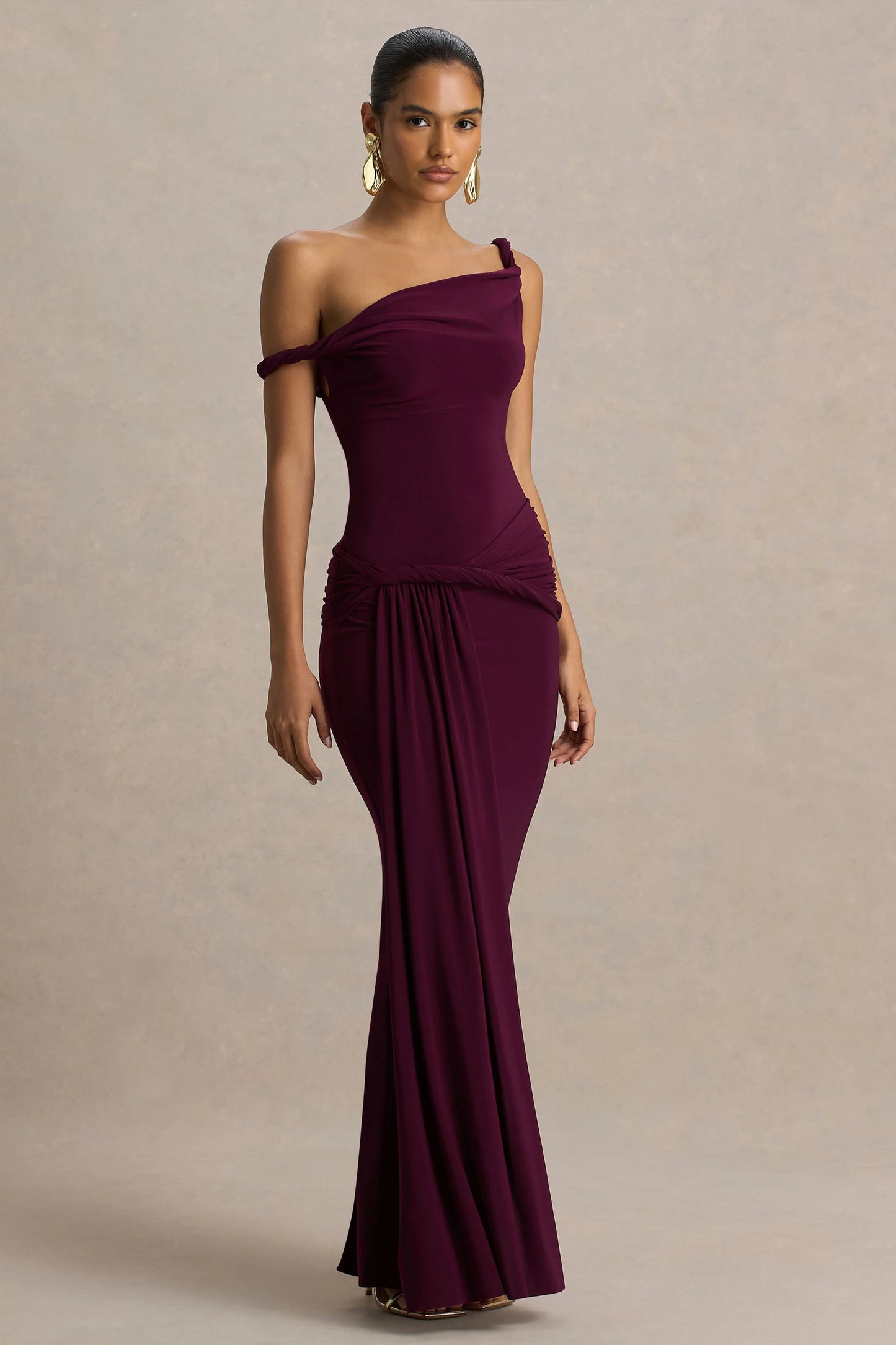 Tulisa Burgundy Asymmetric-Neck Maxi Dress With Twist Sleeves And Ruched Detailing