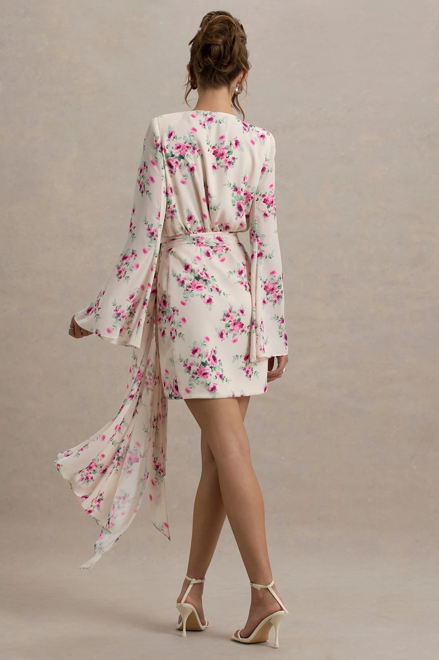 Goldie Cream Floral Print Chiffon Long-Sleeve Wrap Mini Dress