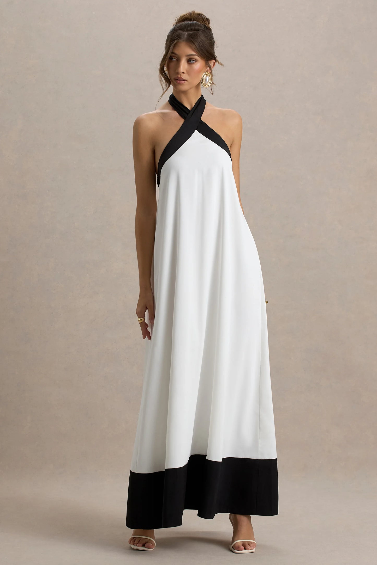 Clarabella White & Black Halter-Neck Maxi Dress