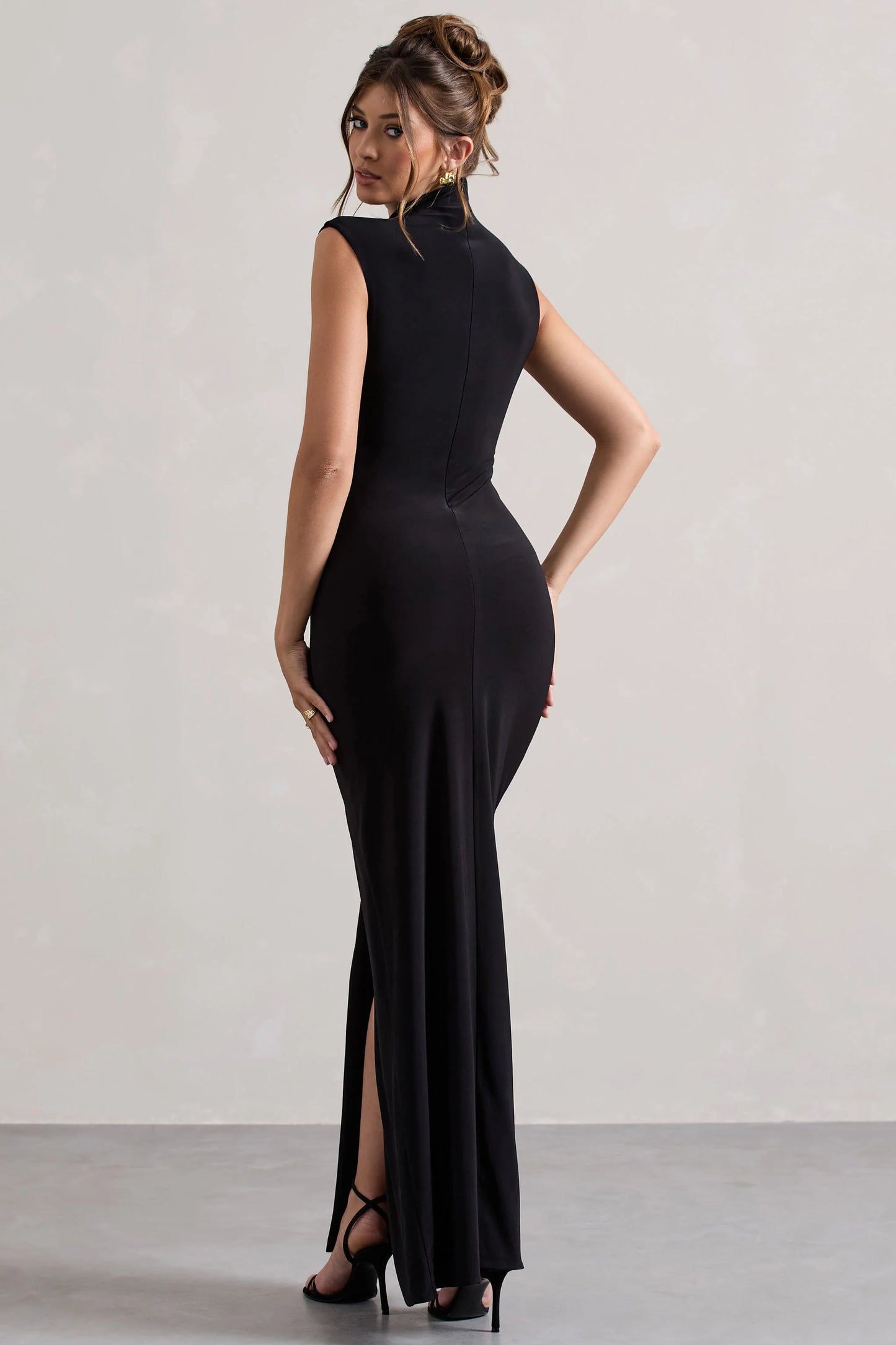 Lanetta Black Ruched High-Neck Maxi Dress With Split