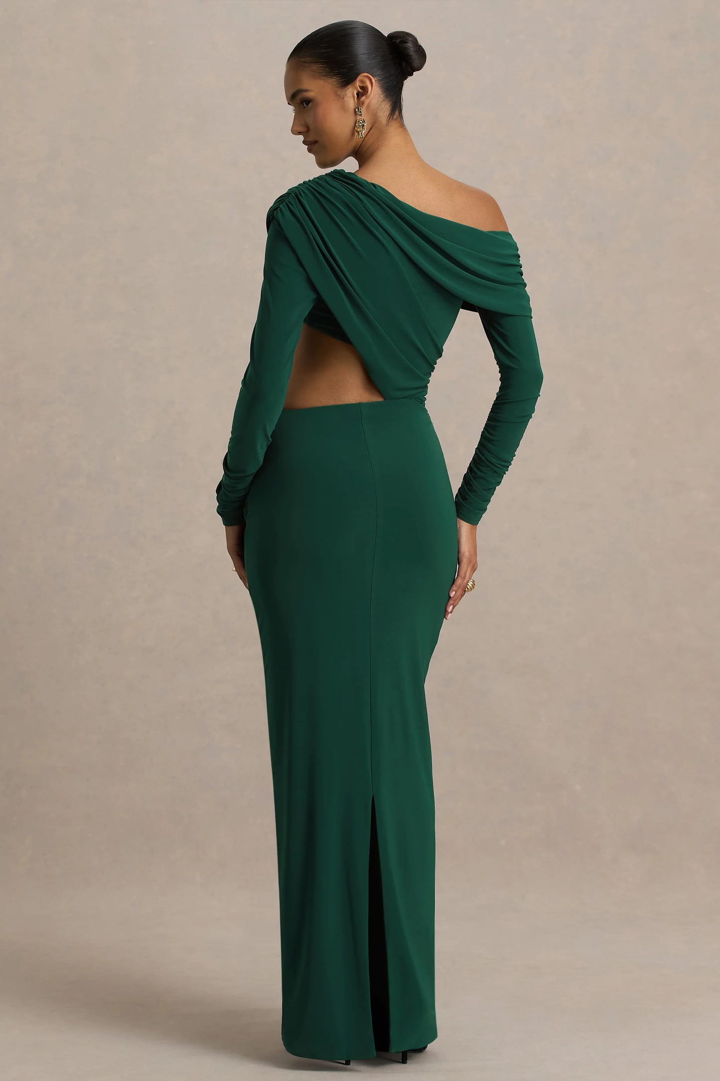 Mikayla Dark Green Asymmetric-Neck Wrap Maxi Dress With Body Cut-Out And Ruched Detailing