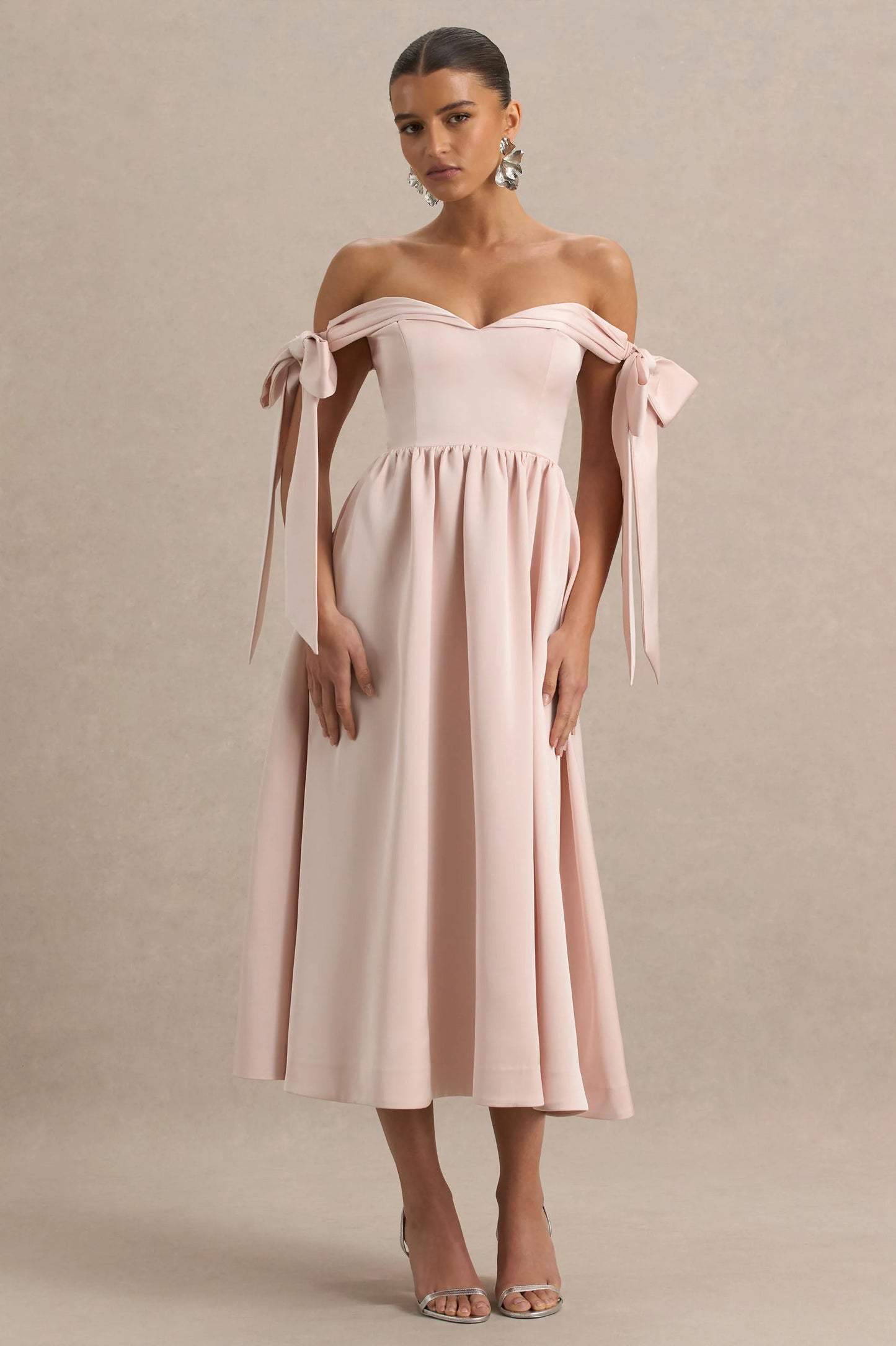 Agafay Rose Pink Satin Short-Sleeve Bardot Wrap Midi Dress With Bow Detail