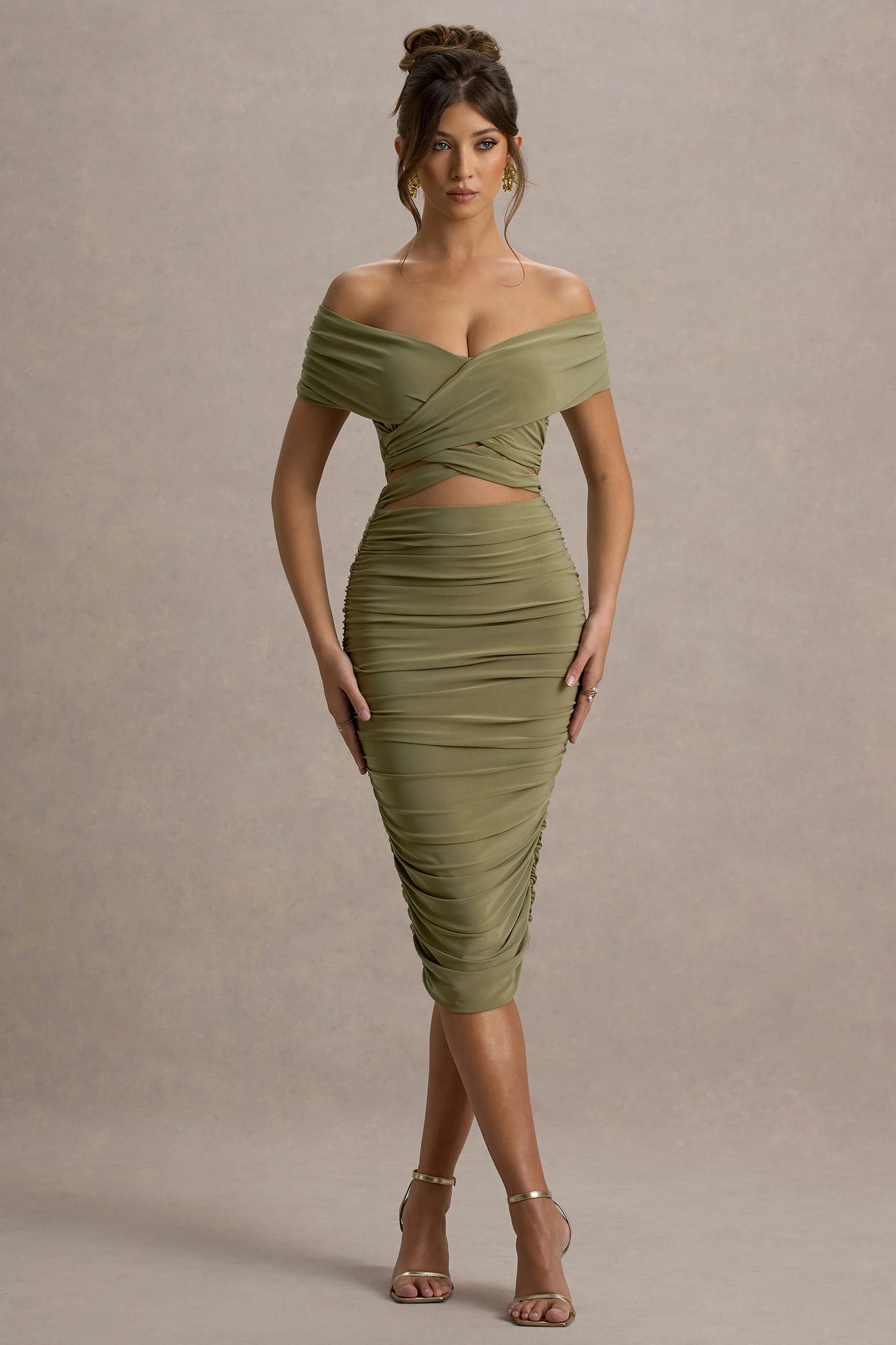 Clovette Olive Ruched Bardot Cut-Out Midi Dress