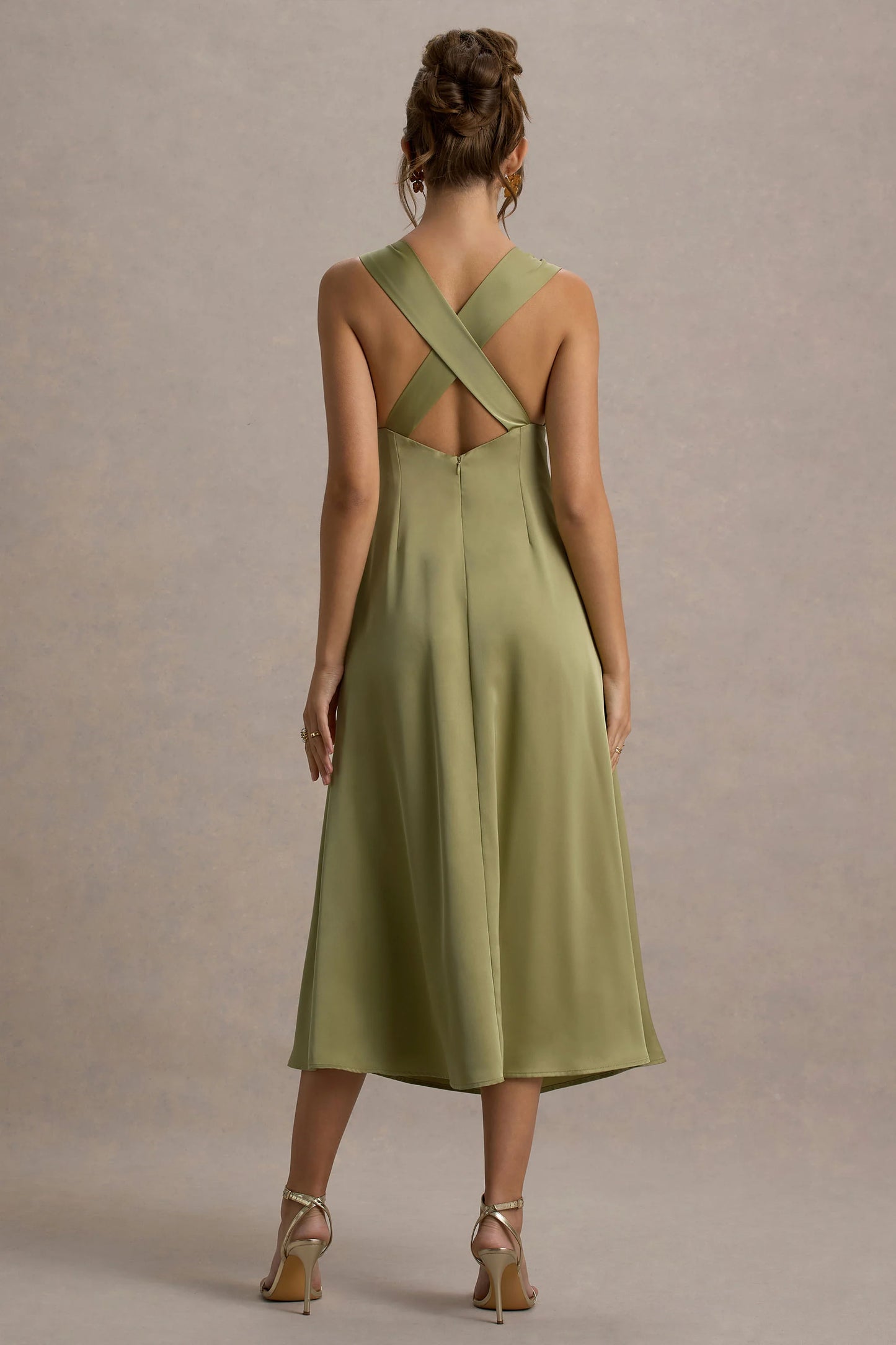 Beck Light Green Satin Plunge-Neck Cross-Back Midi Dress