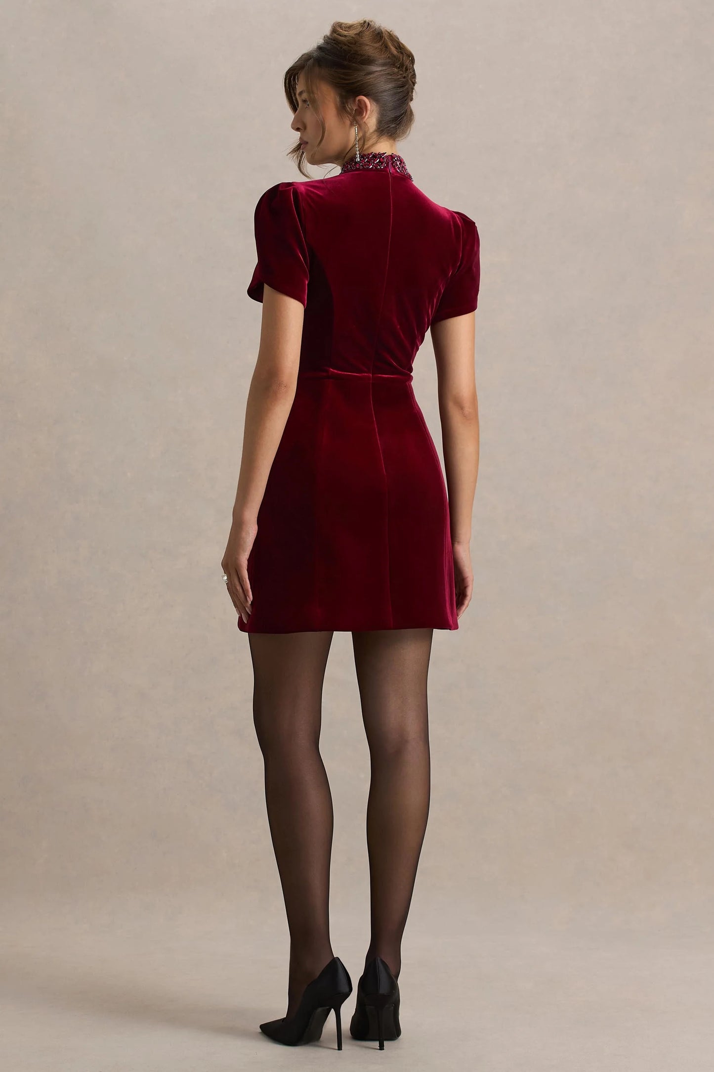 Margot Burgundy High-Neck Velvet Mini Dress With Embellished Detail