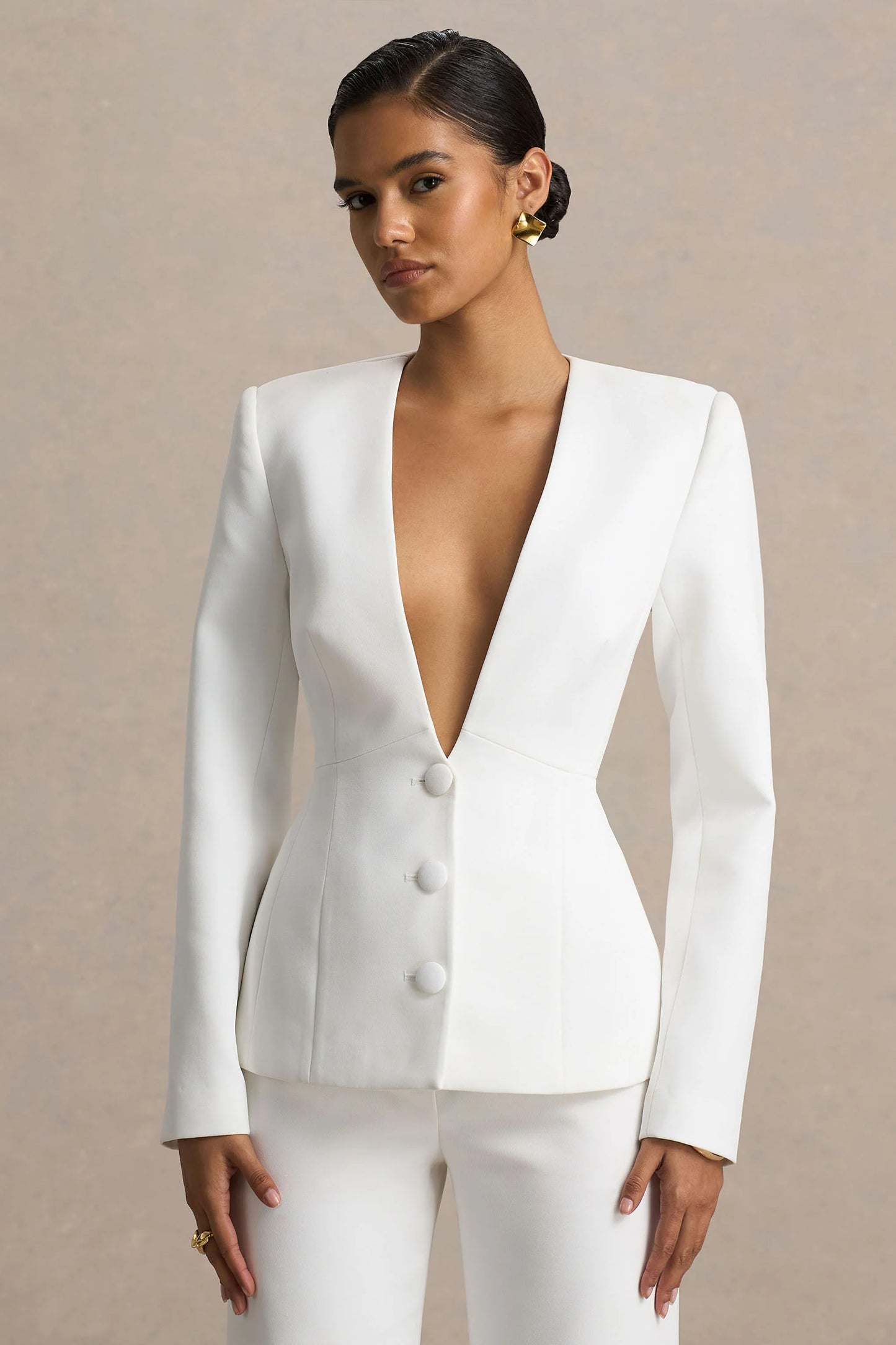 Rosalina White Extreme-Plunge Neck Tailored Blazer