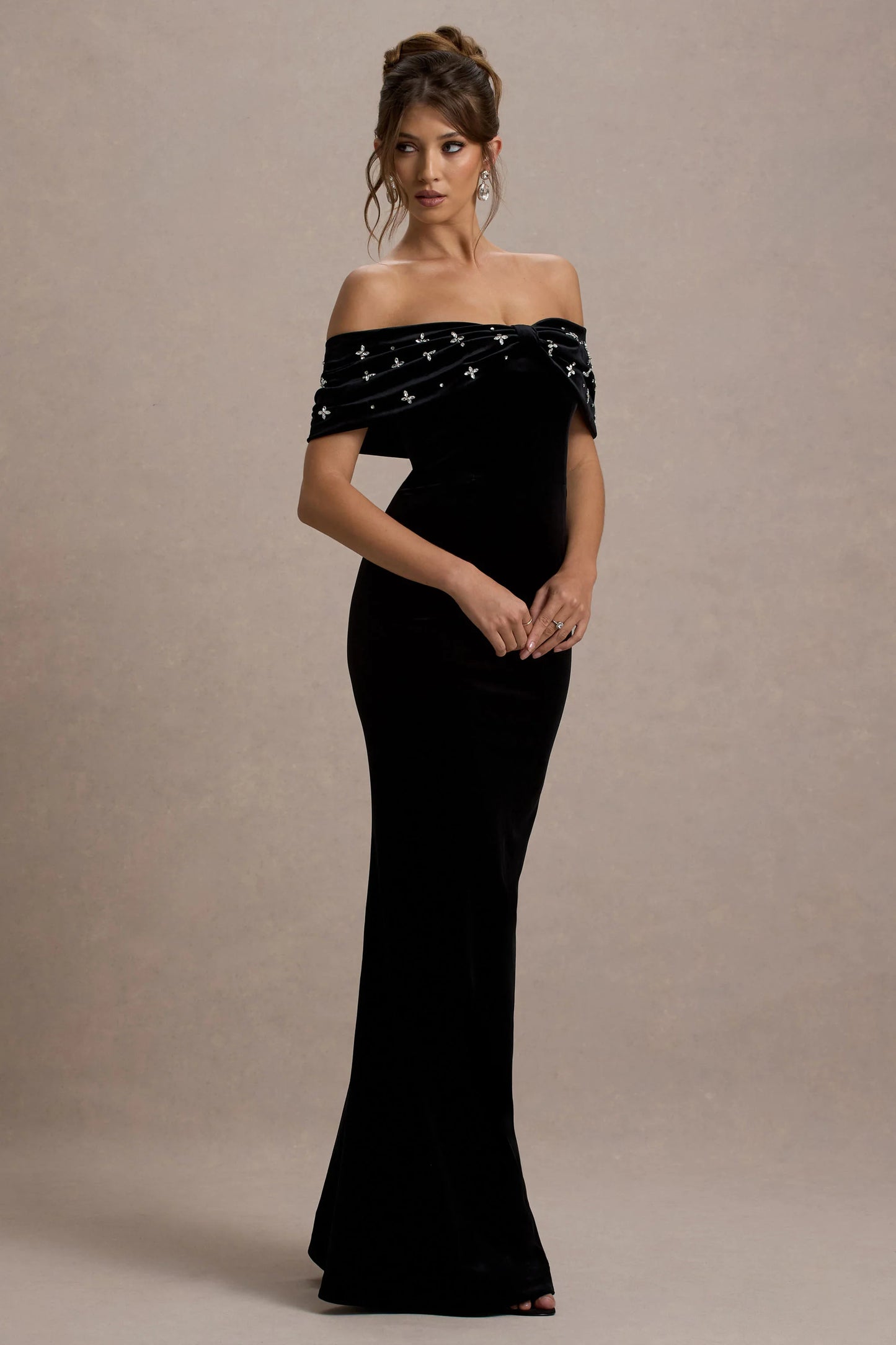 West End Black Velvet Embellished Bardot Maxi Dress