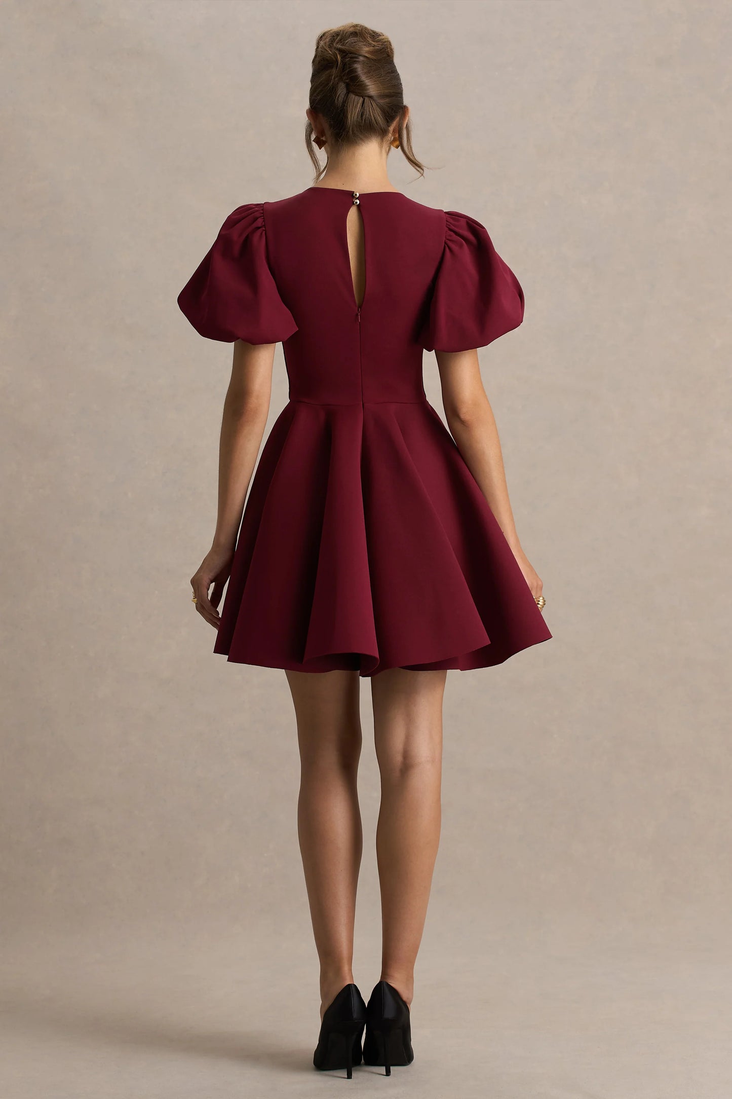 Emelia Burgundy Puff-Sleeve Skater Mini Dress
