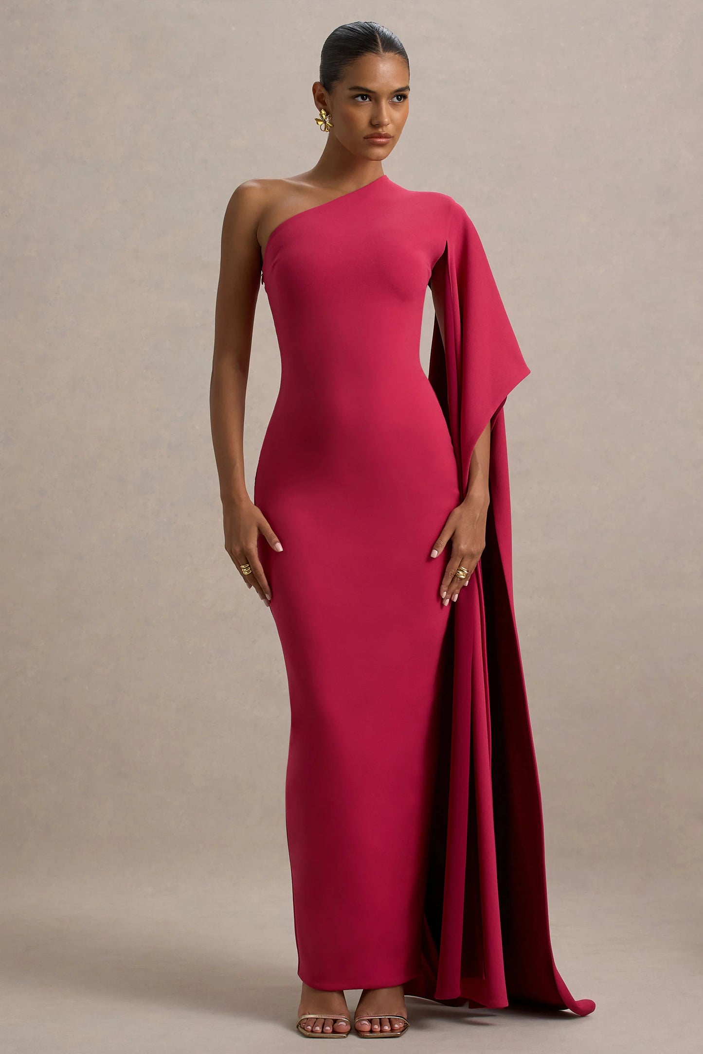 Lily Hot Pink & Burgundy Asymmetric Maxi Dress With Cape Sleeve