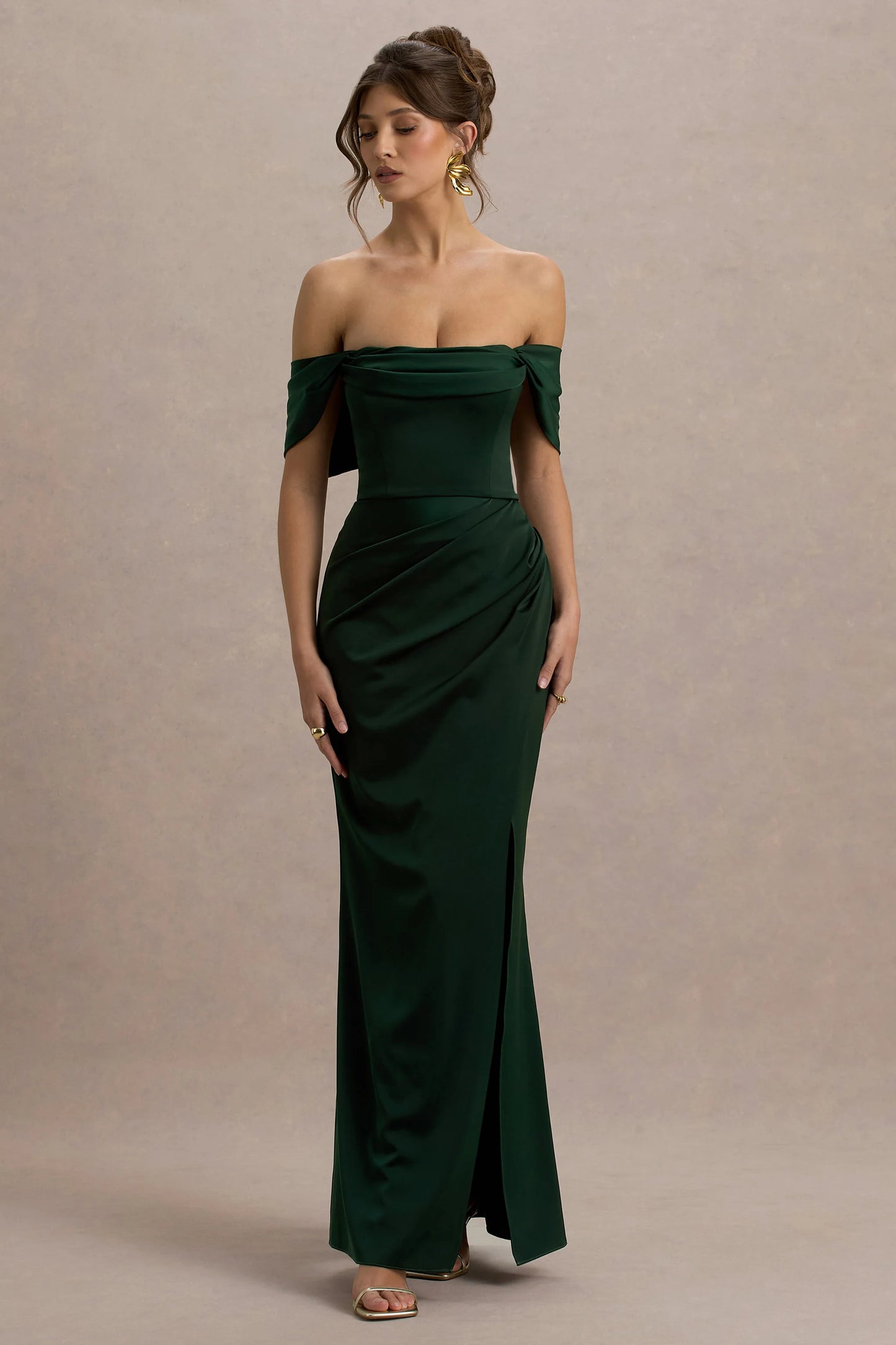 Annie Bottle Green Satin Bardot Maxi Dress With Split Wrap Skirt
