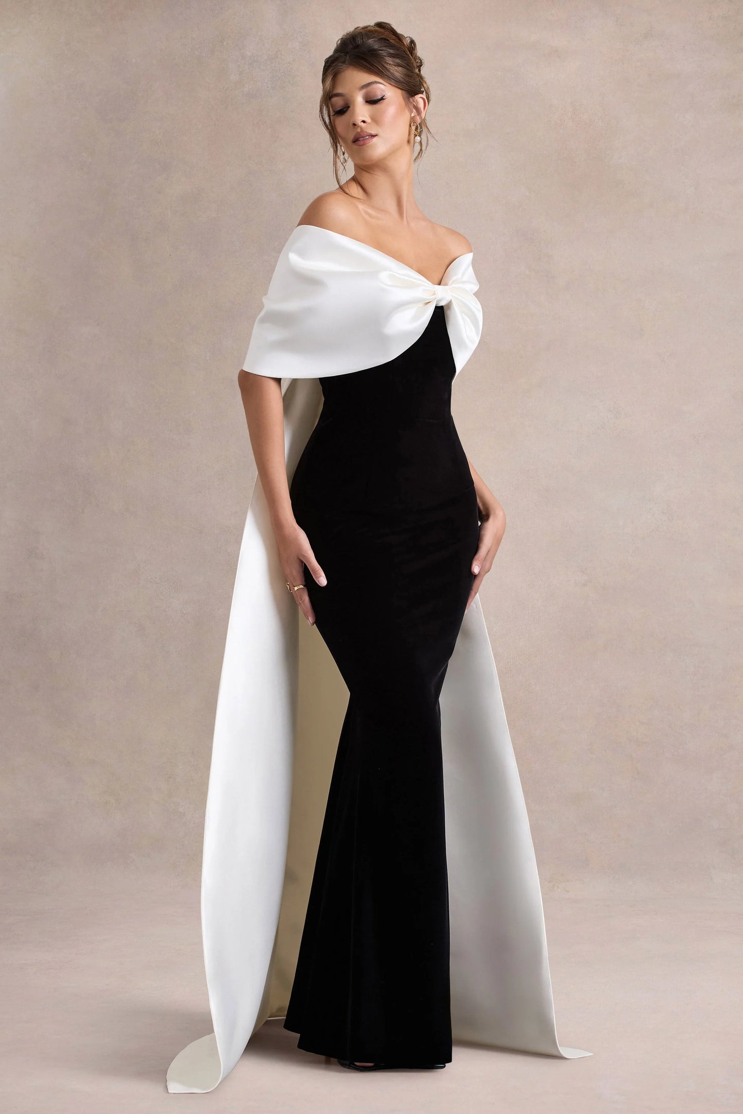 Wanting More Black & White Satin Cape Maxi Dress With Oversized Bow