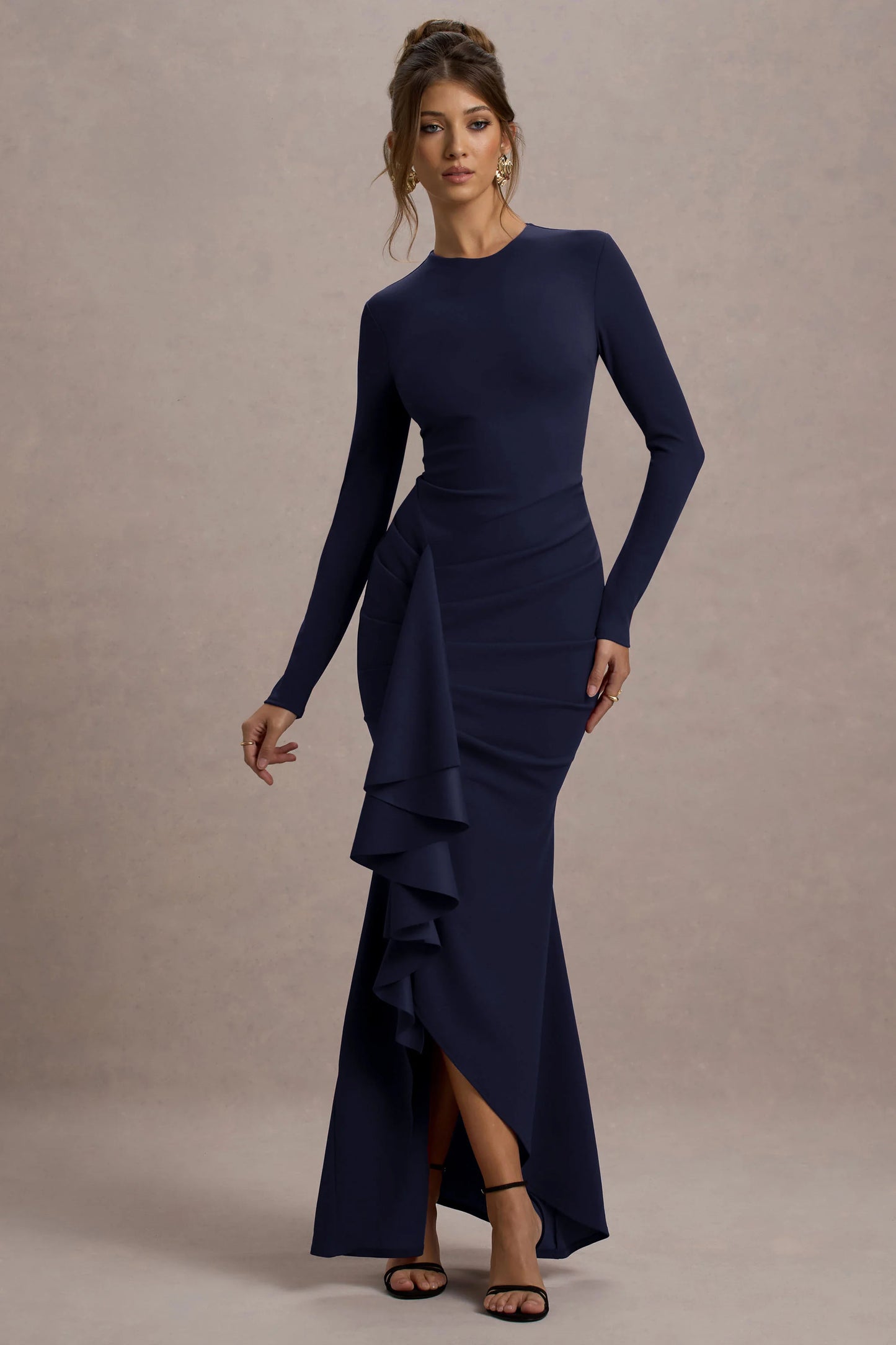 Alayna Navy Long-Sleeve Maxi Dress With Ruffled Split