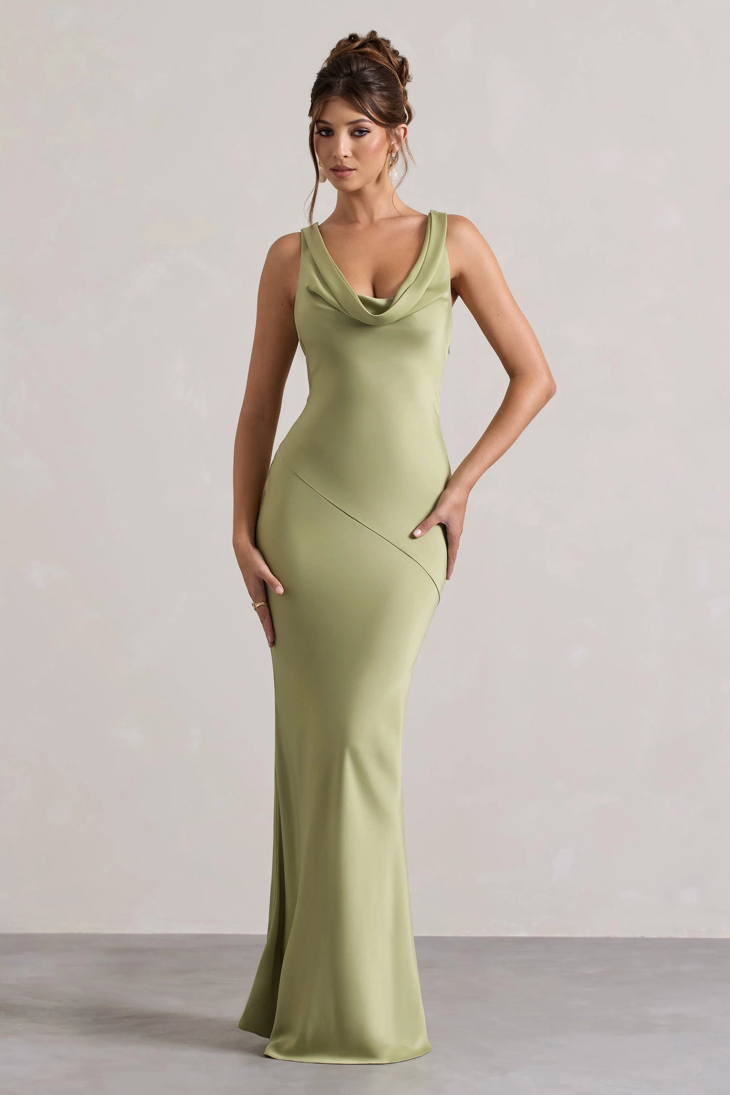 Alesso Light Olive Satin Cowl-Neck Maxi Dress
