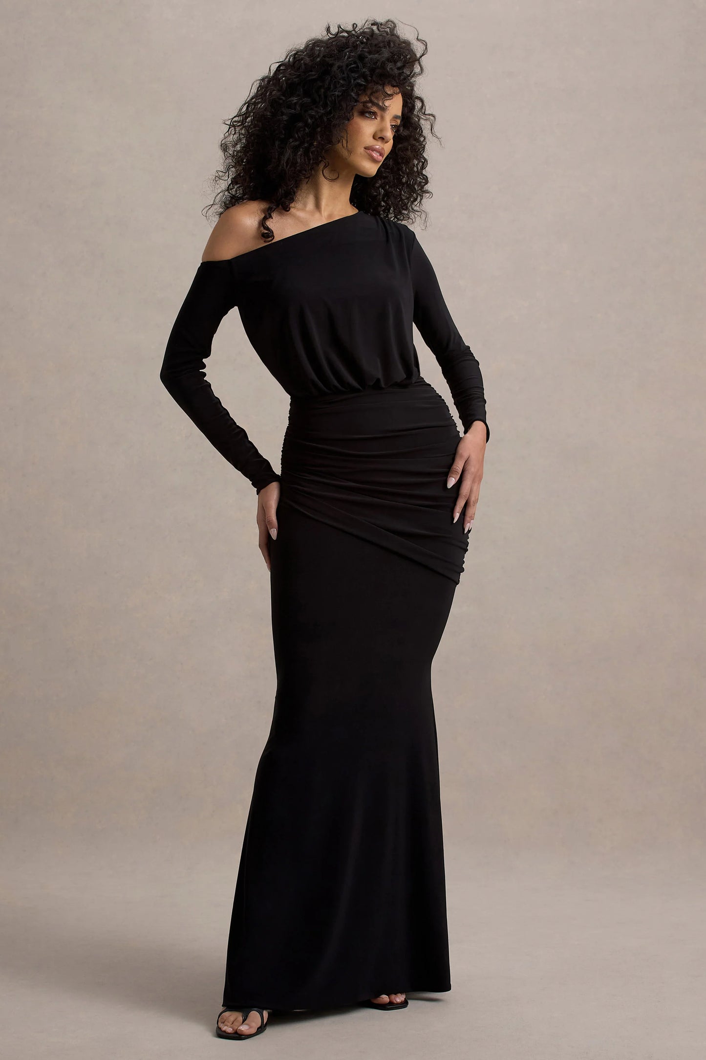 Deanna Black Asymmetric Long-Sleeve Ruched Maxi Dress