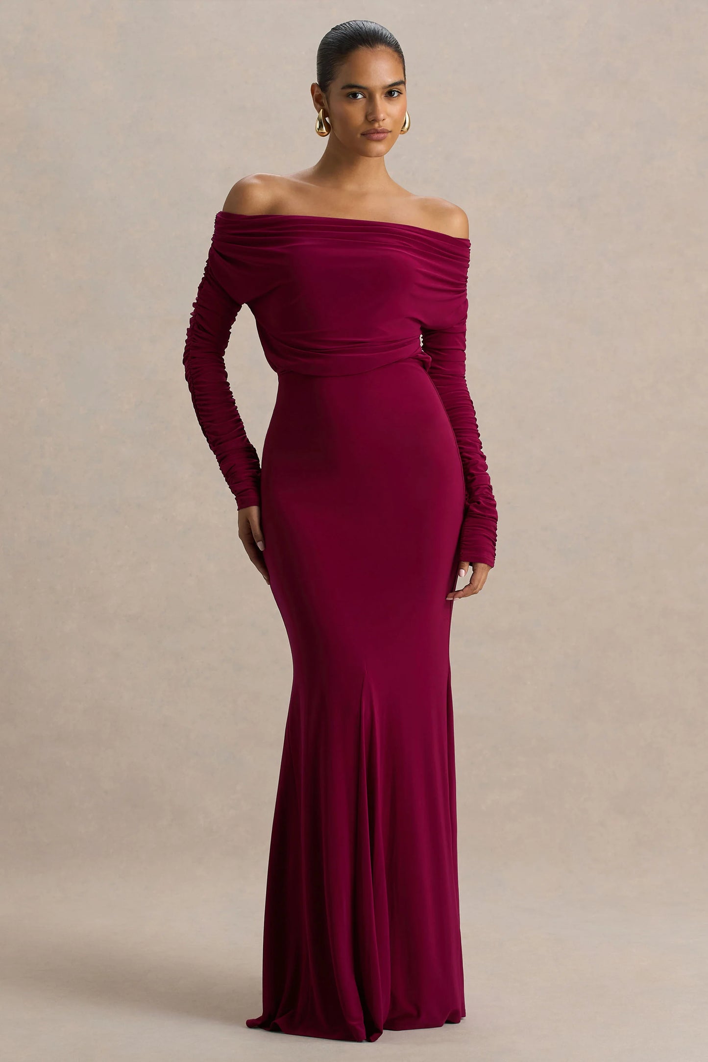 Cilla Burgundy Bardot-Neck Maxi Dress With Ruched Detailing
