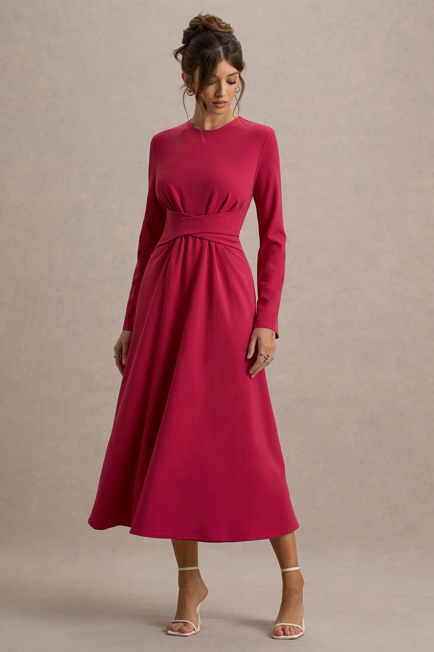 Cassiopeia Lemon Long-Sleeve Midi Dress With Cross Waist