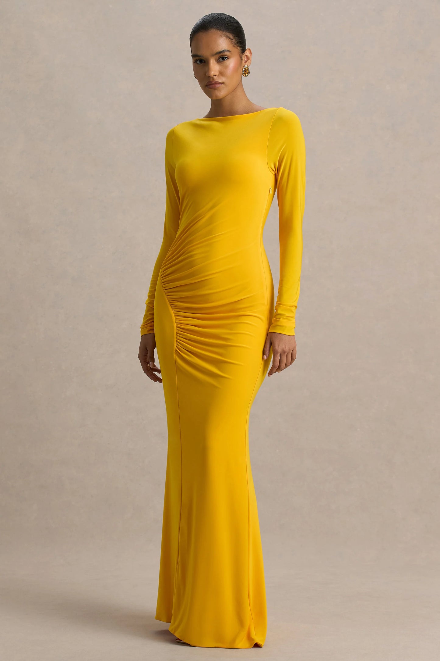 Diva Yellow Slashed-Neck Maxi Dress With Ruched Detailing