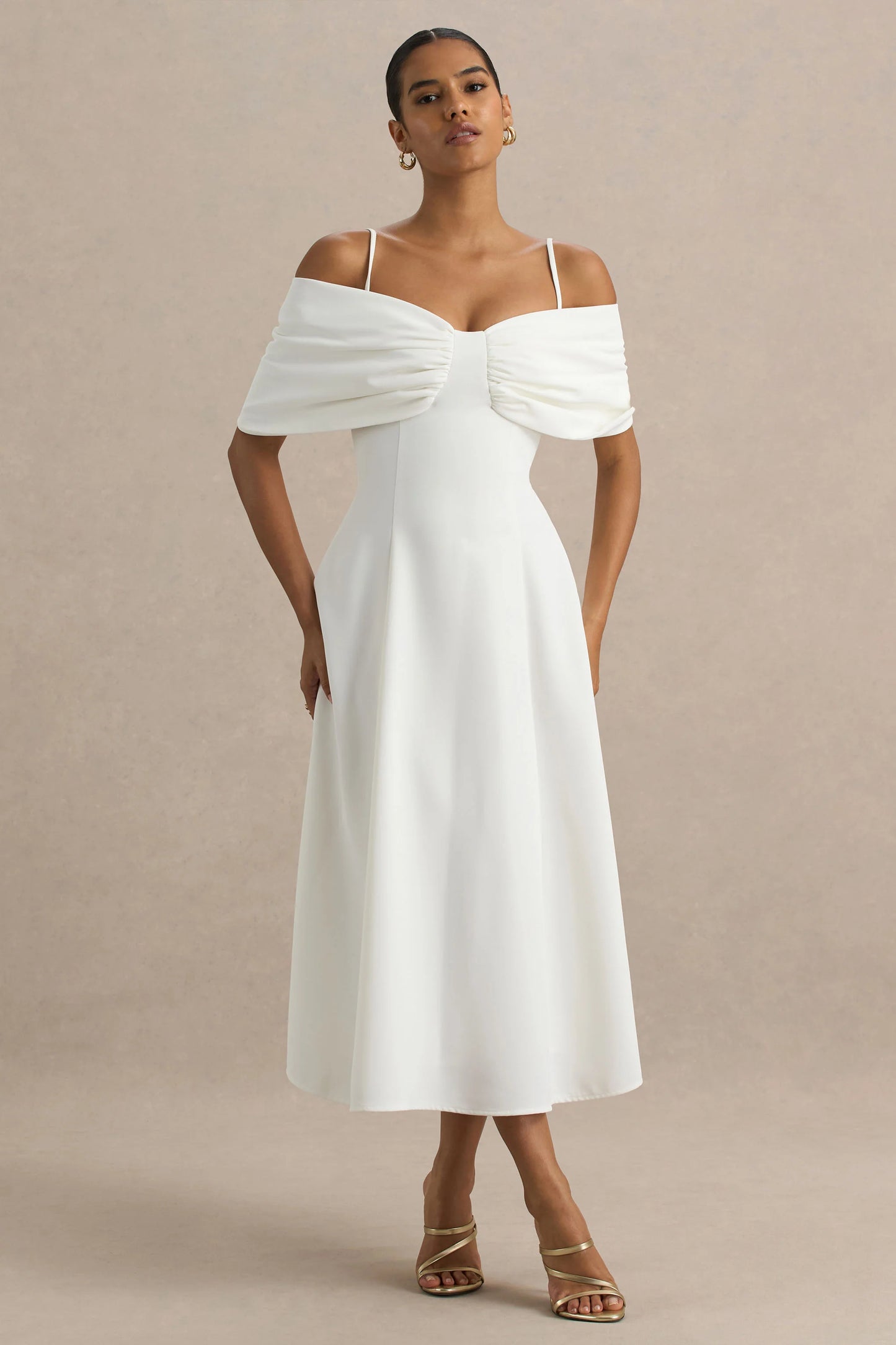 Hettie White Short-Sleeve Bardot Midi Dress With Bow Detail