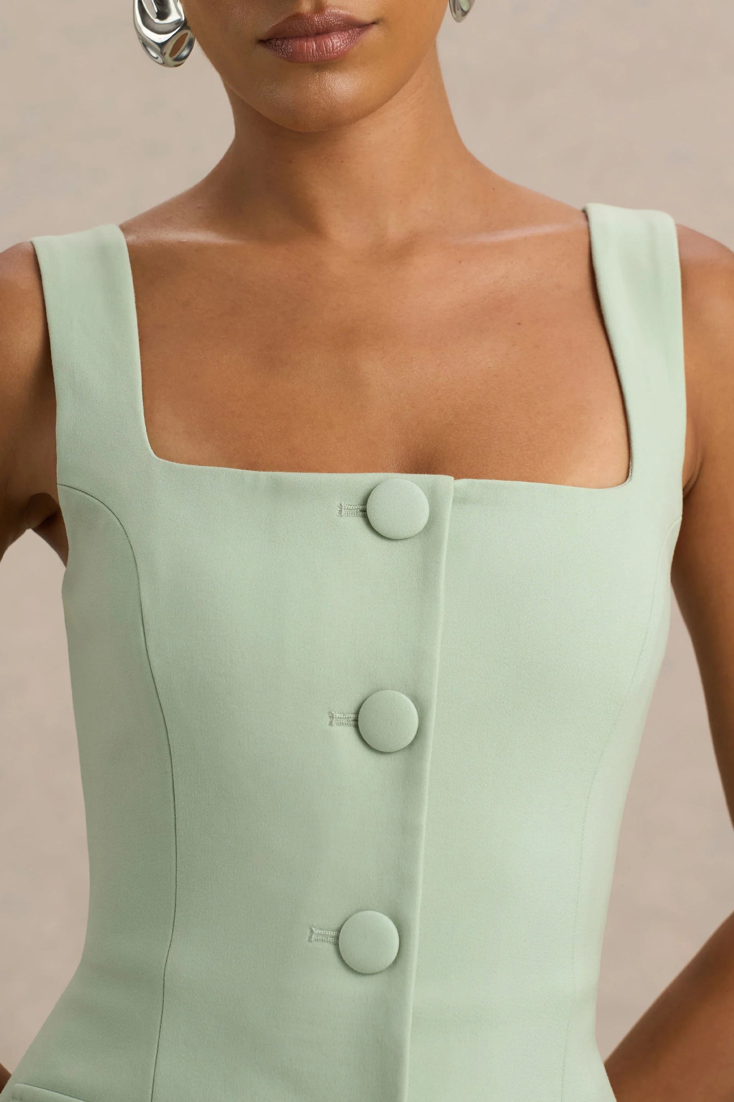 Aceline Light Green Square-Neck Tailored Jumpsuit