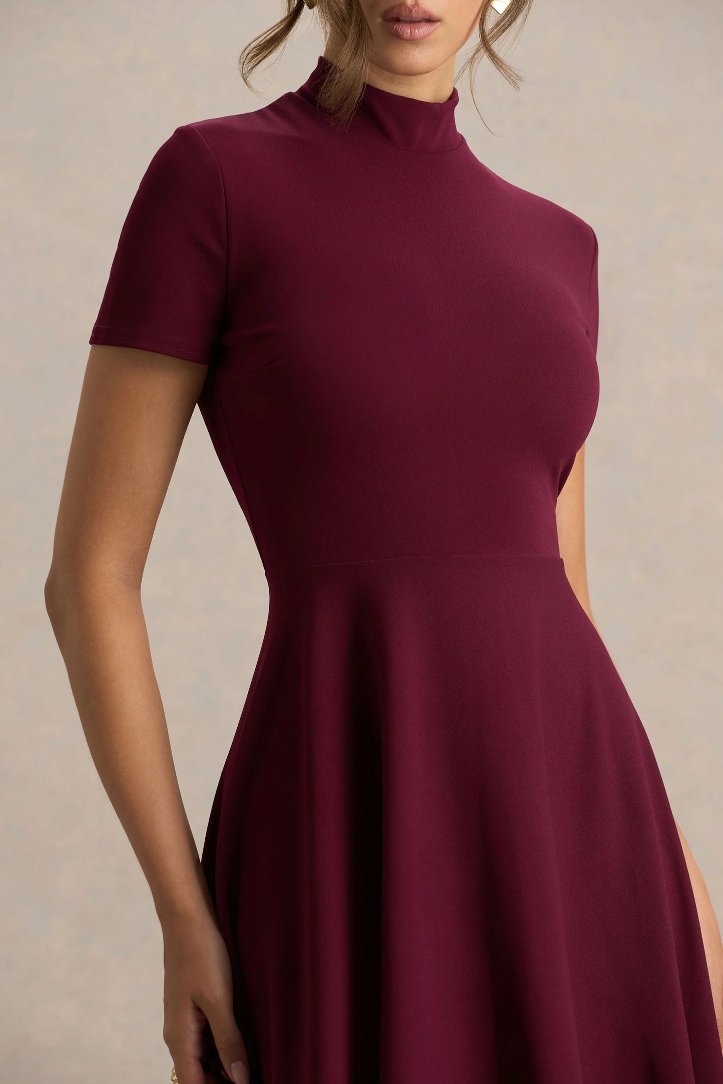 Bellona Burgundy High-Neck High-Low Midi Dress
