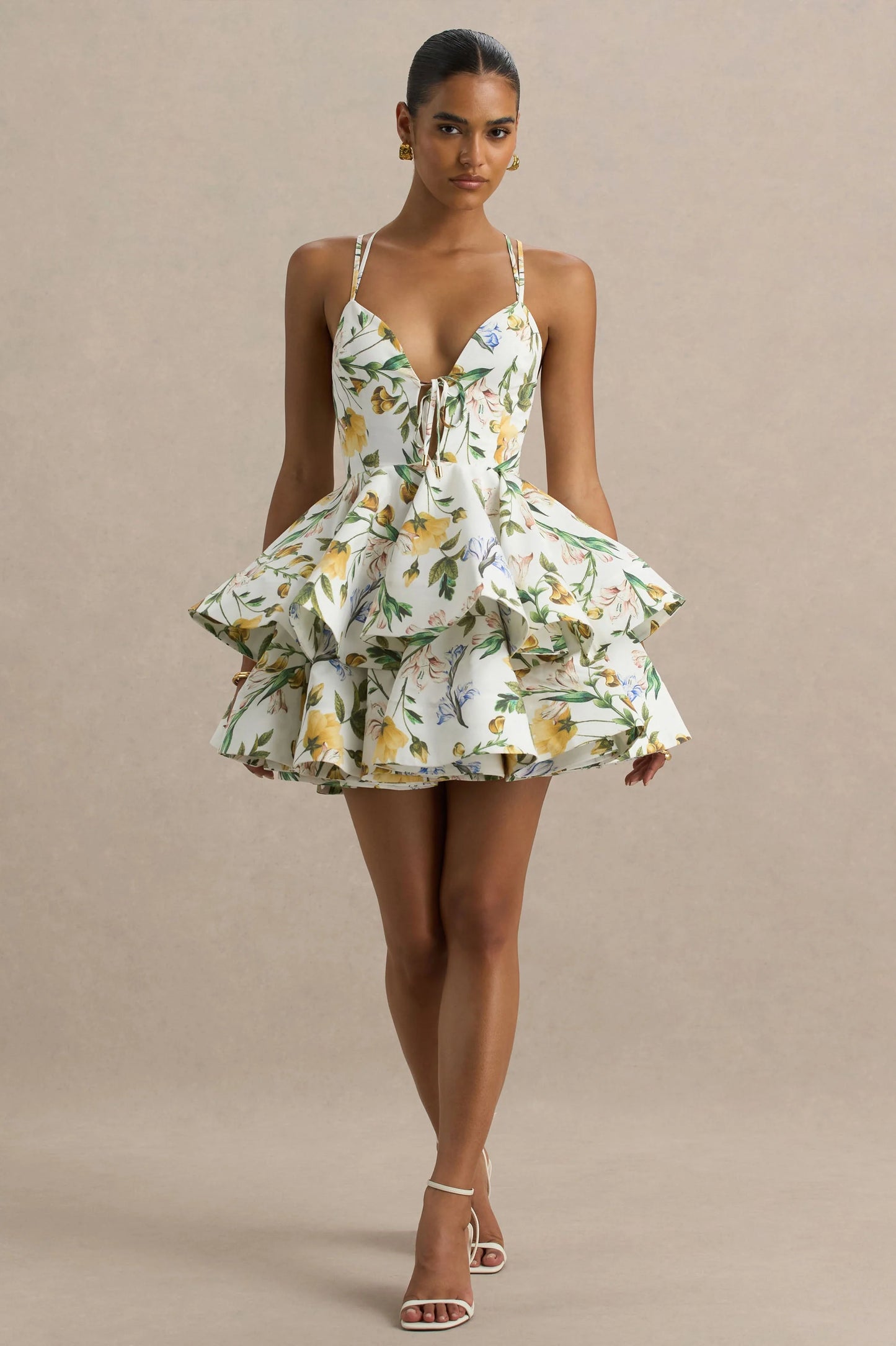 Flavia Lemon Floral Print Plunge-Neck Ruffled Skater Micro-Mini Dress