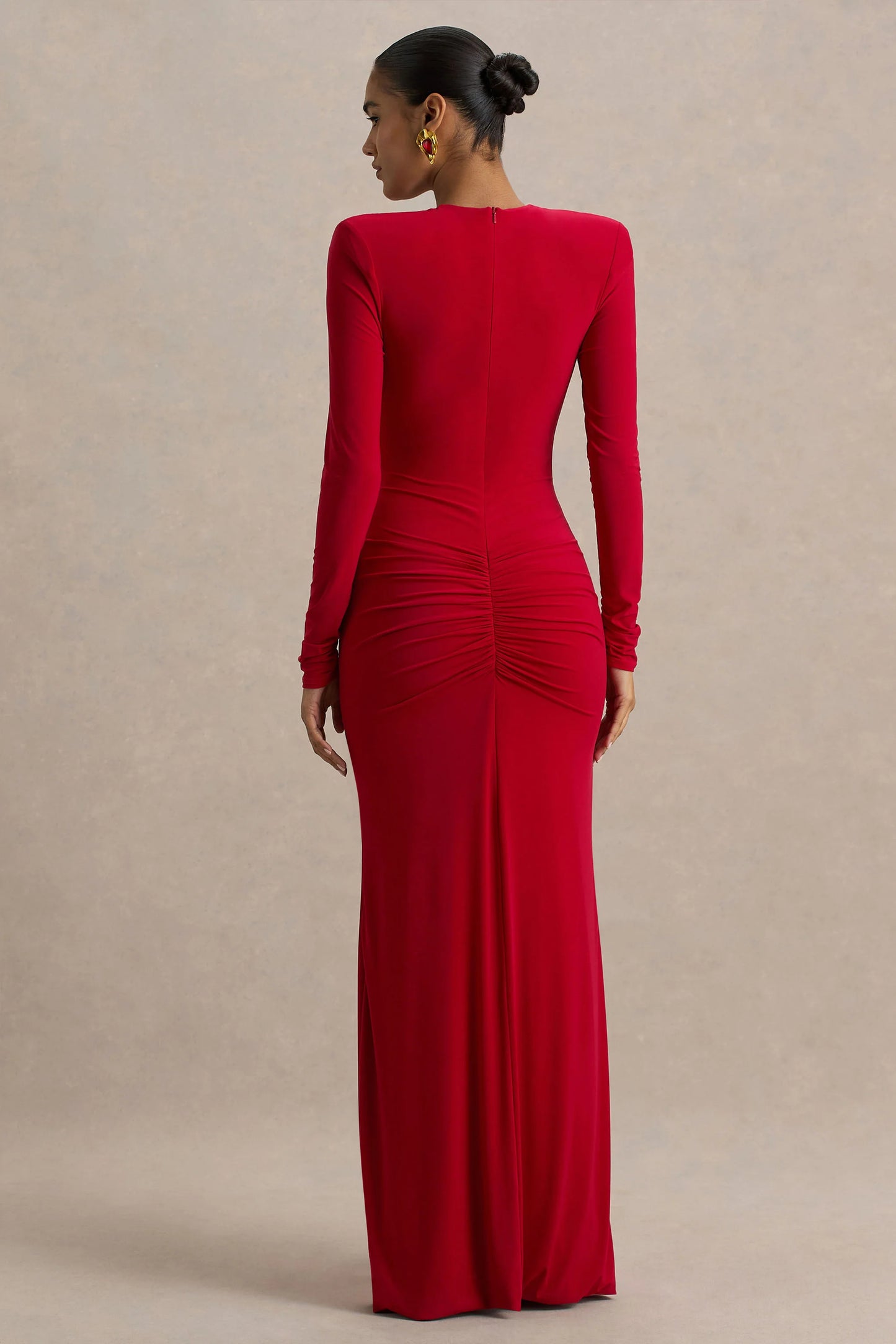 Jewel Red Plunge-Neck Maxi Dress With Front Split and Ruched Detailing