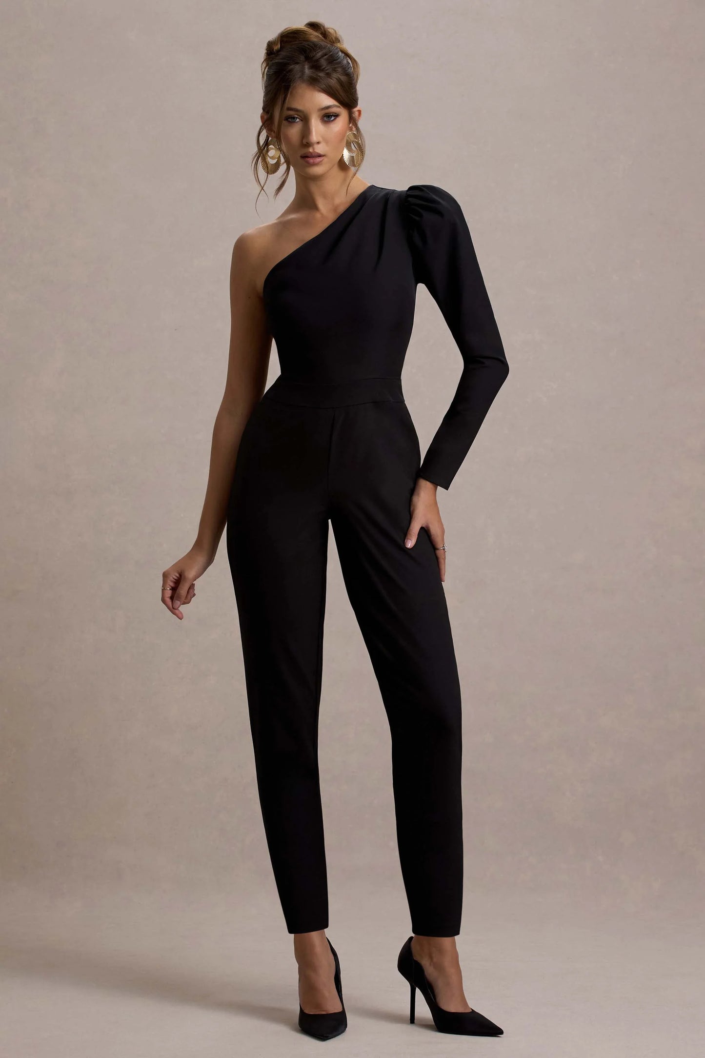 San Jose Black One-Shoulder Puff-Sleeve Jumpsuit