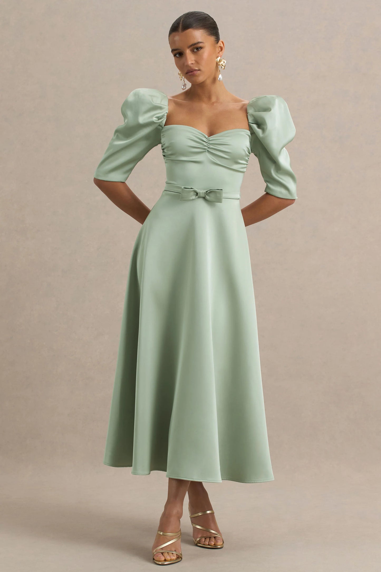 Rosey Green Satin Sweetheart Midi Dress