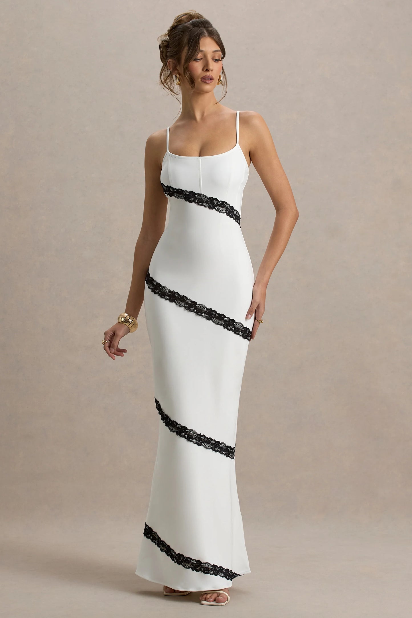 Elizabeth White & Black Strappy Lace-Trimmed Maxi Dress