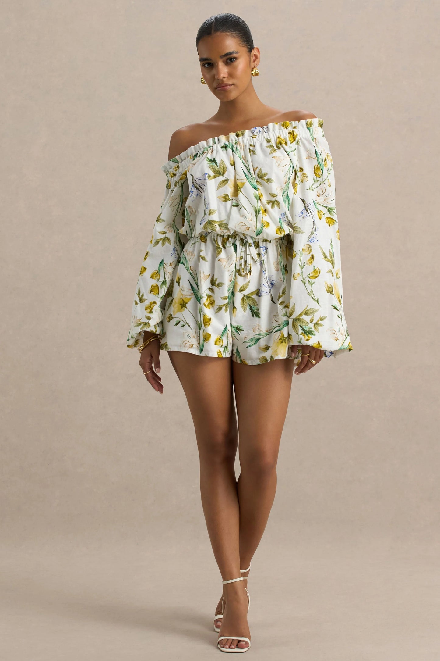 Waterfall Lemon Floral Print Asymmetric Long-Sleeve Playsuit
