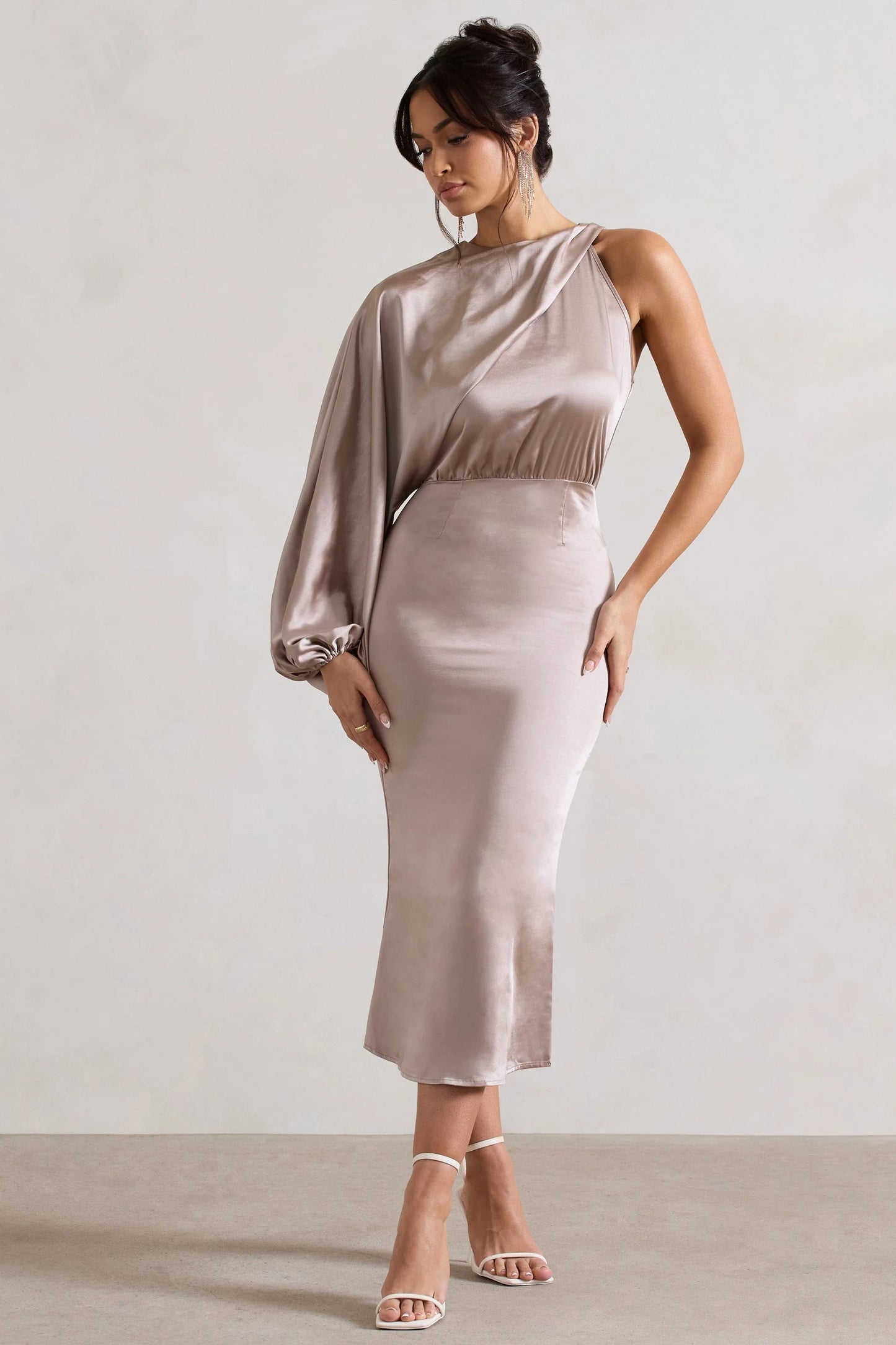 Nola Taupe Satin One-Sleeve Midi Dress