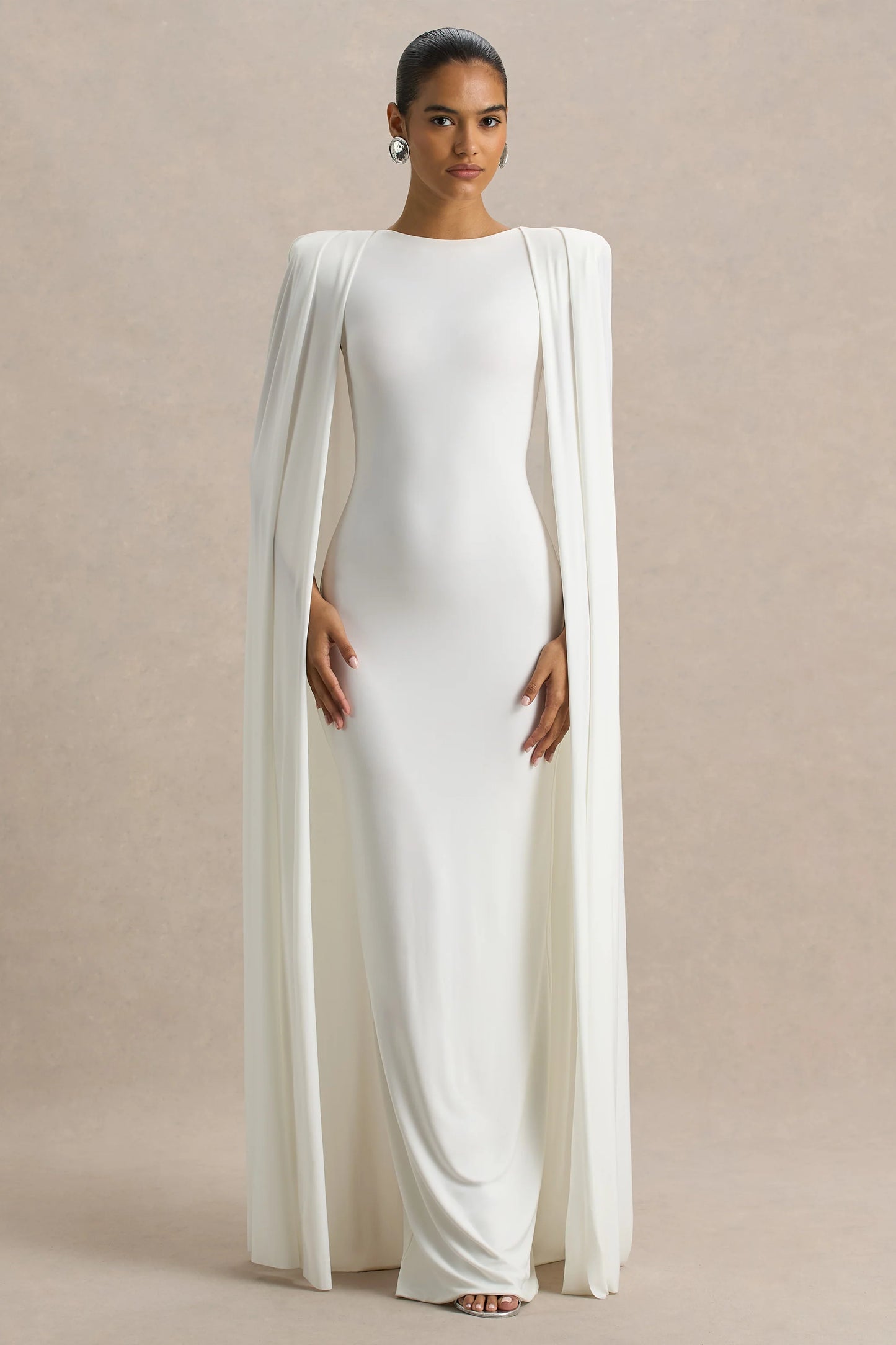 Mimi White Slashed-Neck Maxi Dress With Cape Sleeve Detail